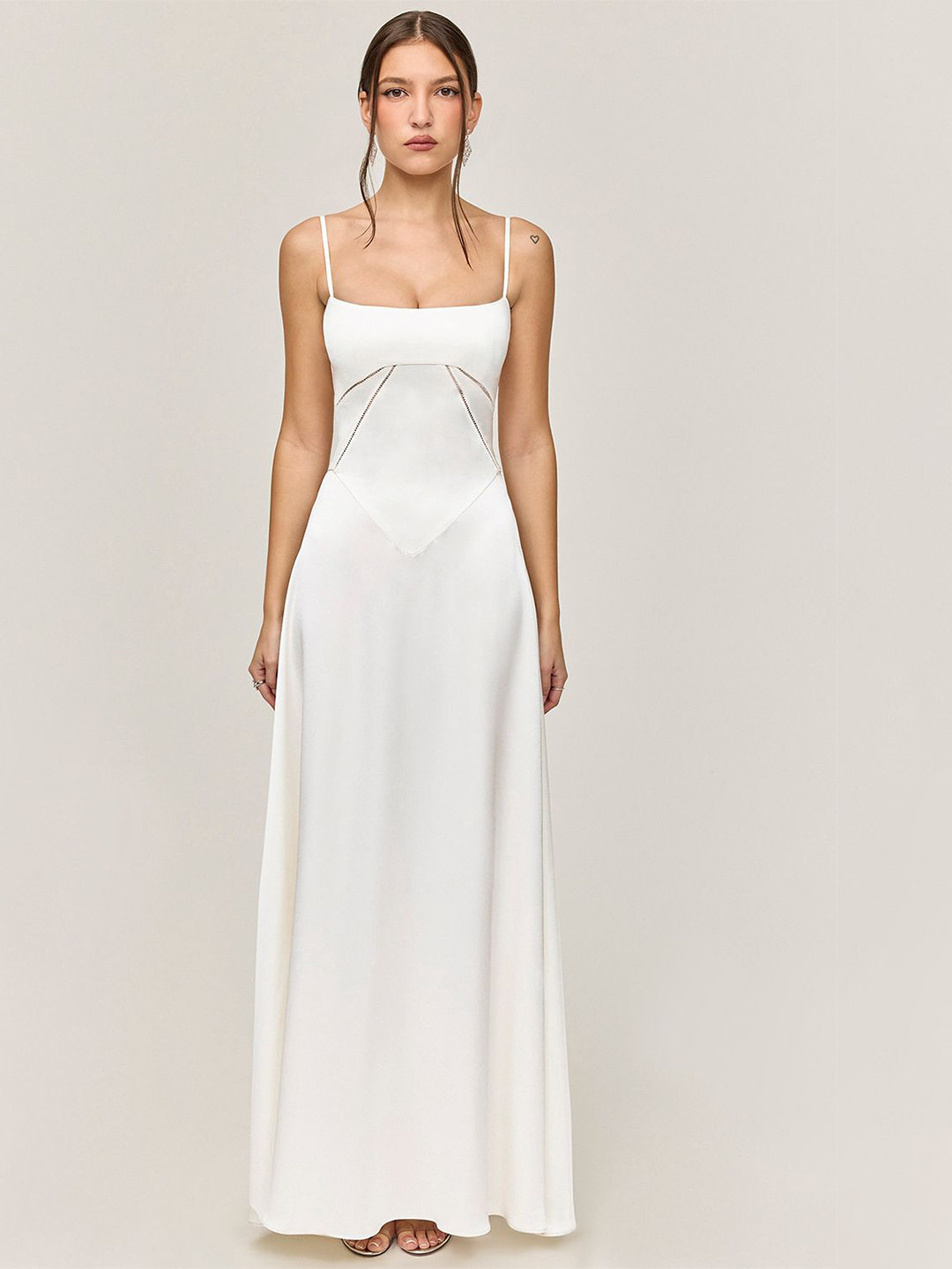 bebe White Spaghetti Strap Drop Waist Tie Up Back Maxi Dress