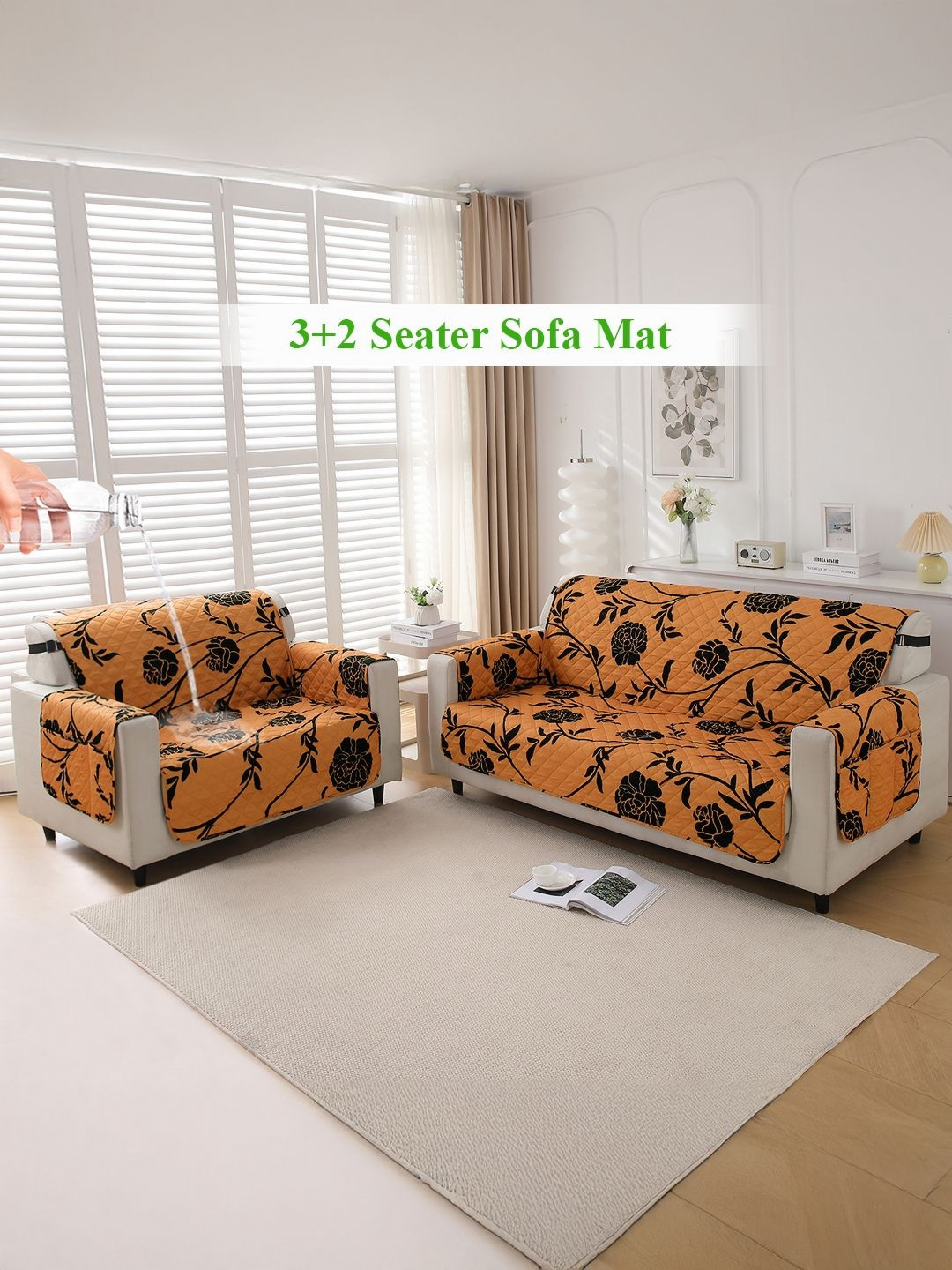 HOKIPO Copper Brown Floral Waterproof 5 Seater Sofa Mat With Pockets