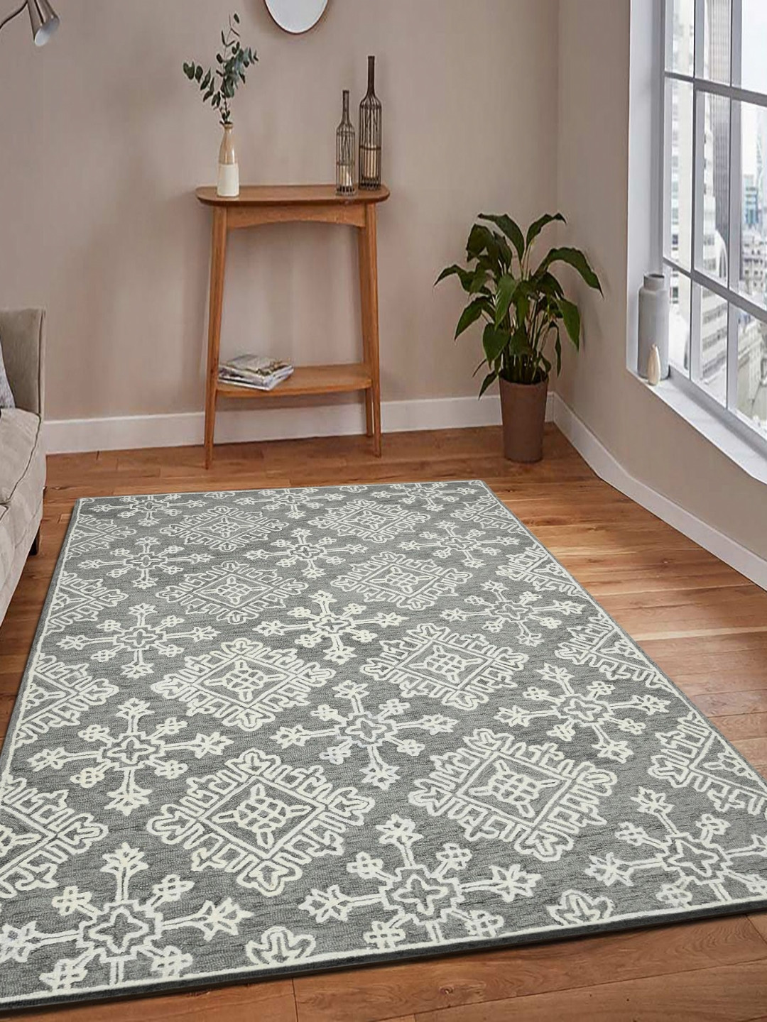 saraswatii global Boston Grey & White Ethnic Motifs Printed Tufted Woollen Carpet