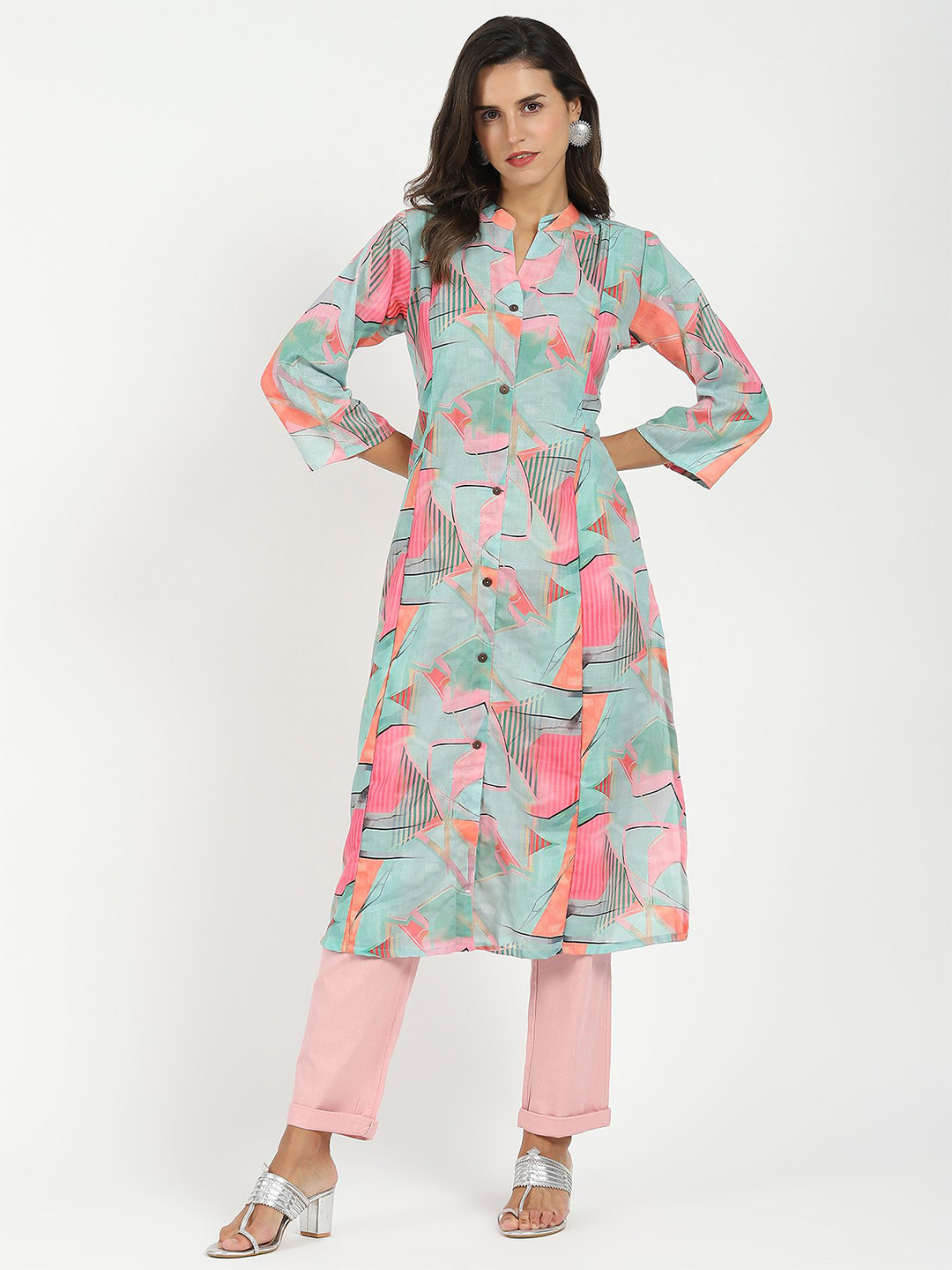 Me&I Abstract Printed Mandarin Collar Pure Muslin A-Line Kurta