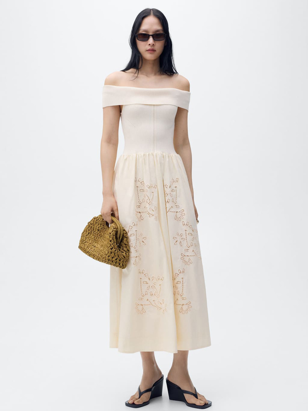 MANGO Embroidered Combined Fabric Off-Shoulder Fit & Flare Midi Dress