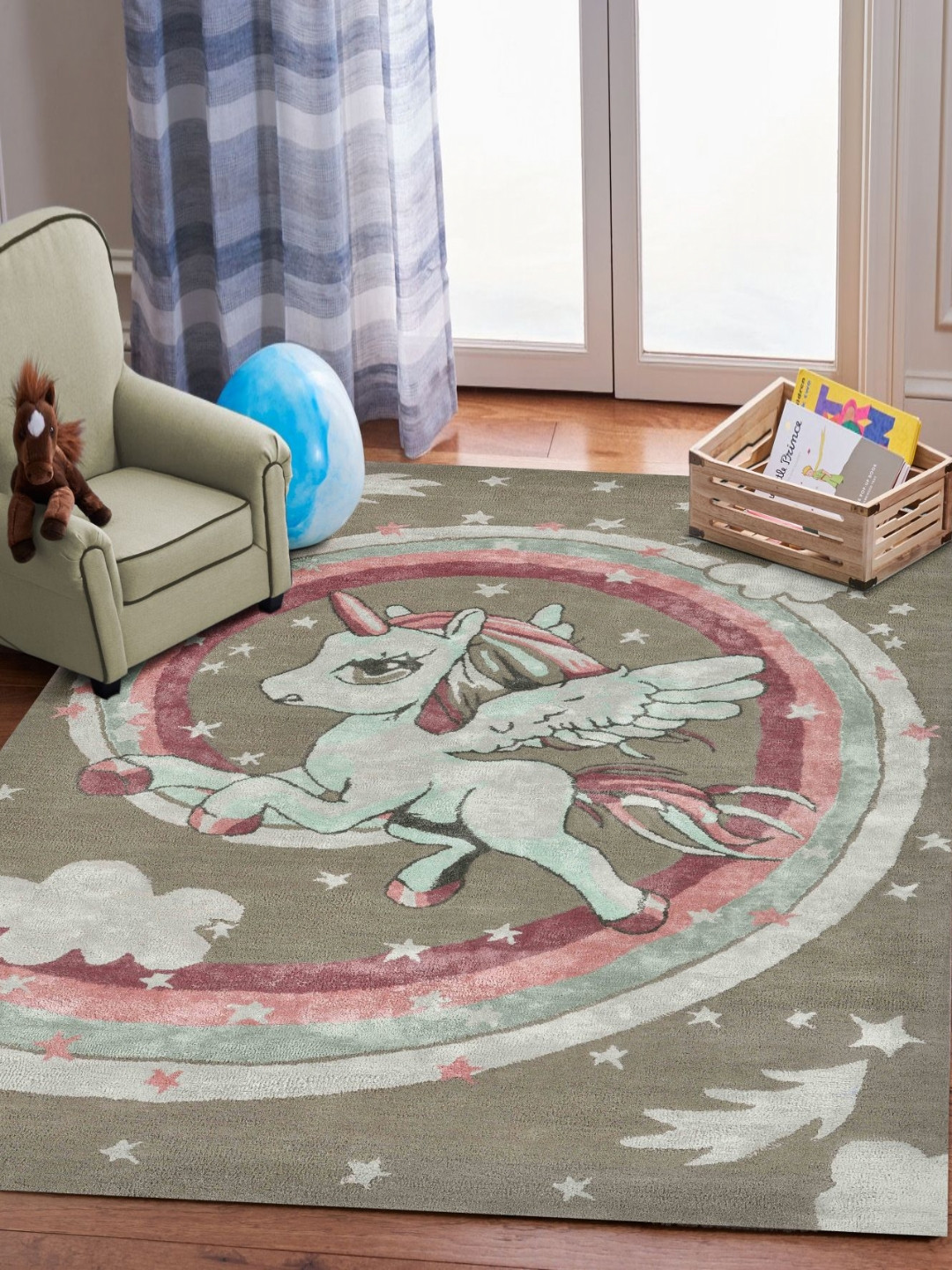 saraswatii global Little Grey & Pink Unicorn Printed Tufted Woollen Carpet