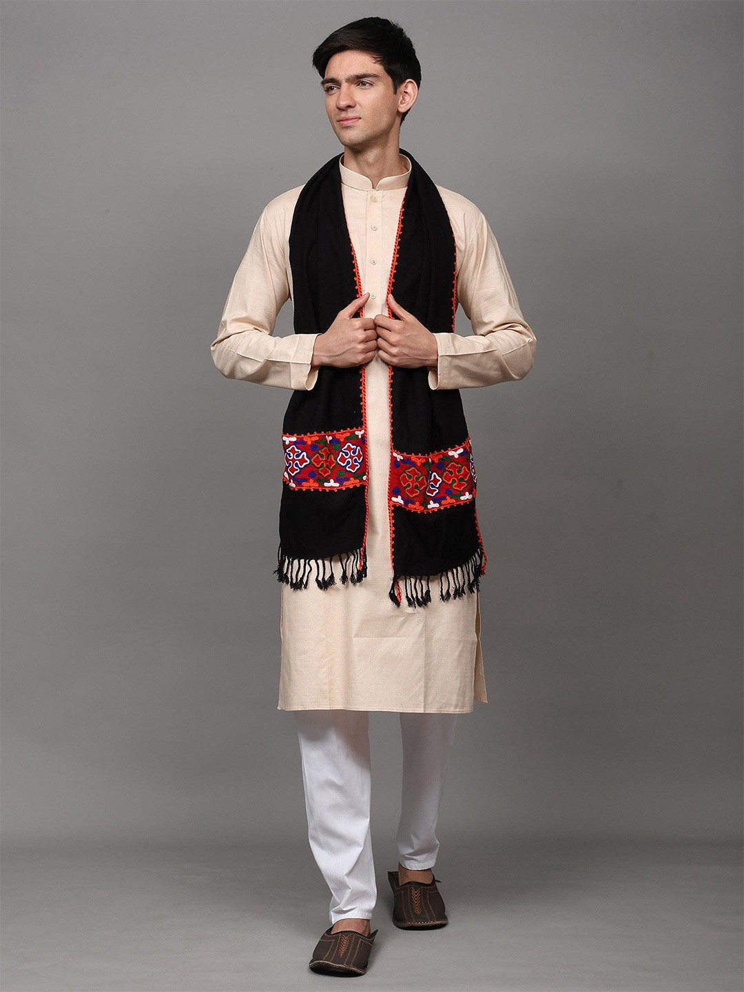 Exotic India Unisex Scarf with Kinnauri Embroidered Border from Kullu