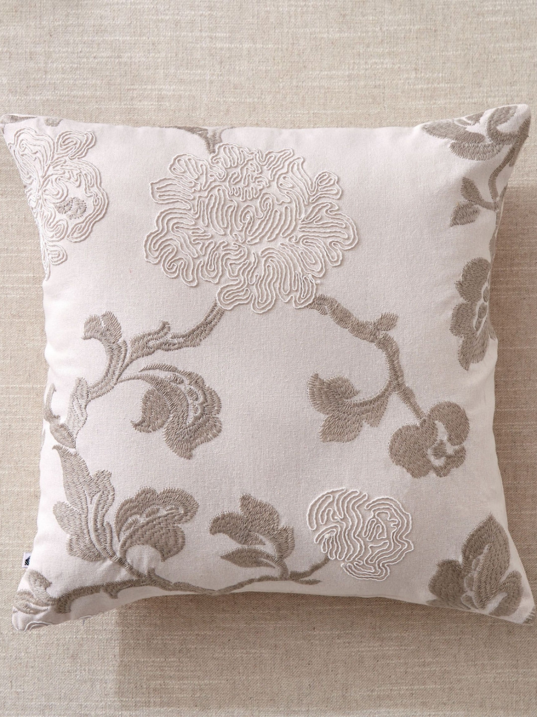 Home Centre Whales Off White & Beige Floral Cord Embroidered Cotton Square Cushion Cover