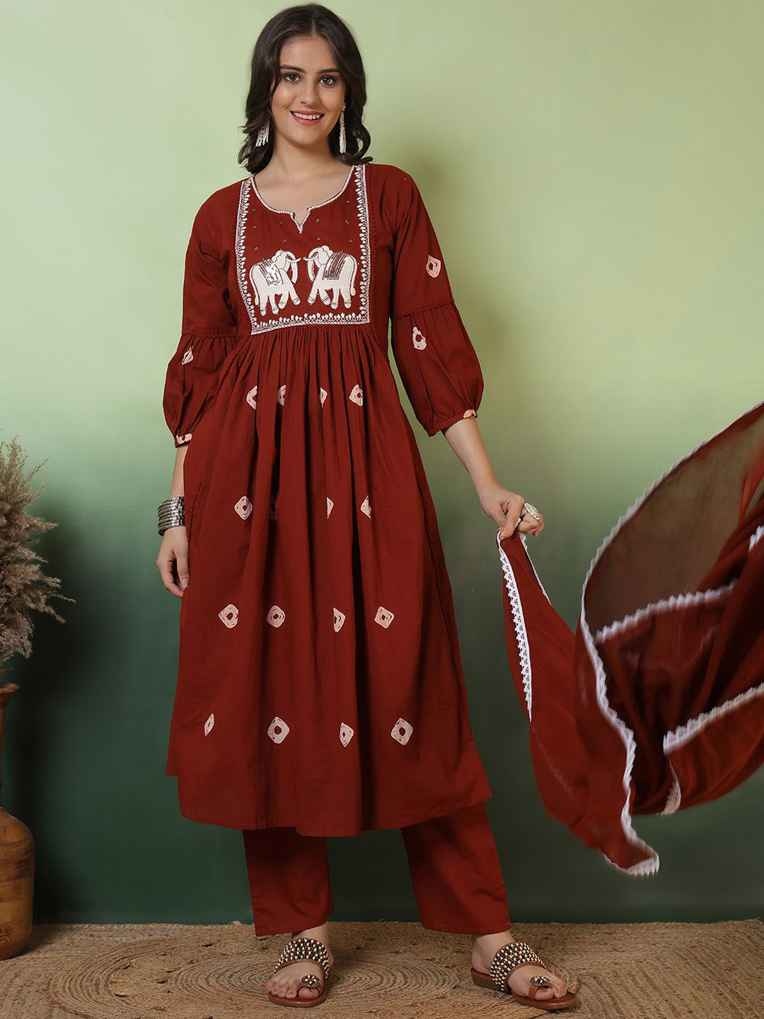Sangria Women Embroidered Pure Cotton Anarkali Kurta & Trouser With Dupatta Kurta Sets