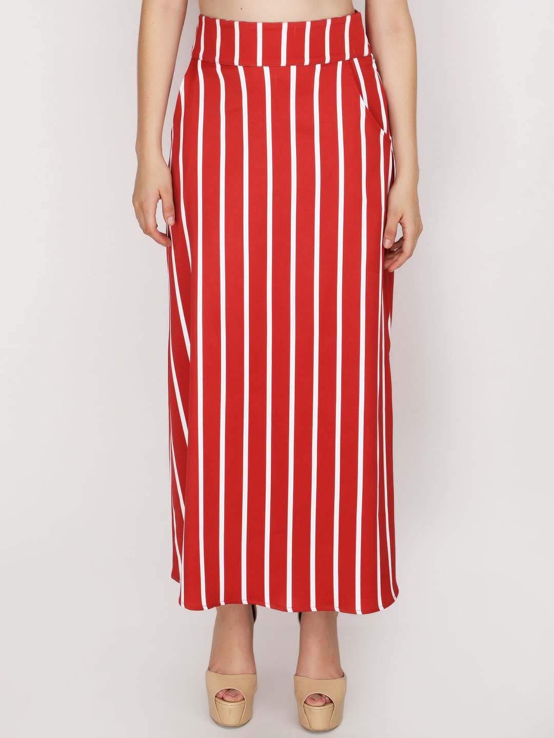 JAKANARY Striped Side Slit Flared Midi Skirt