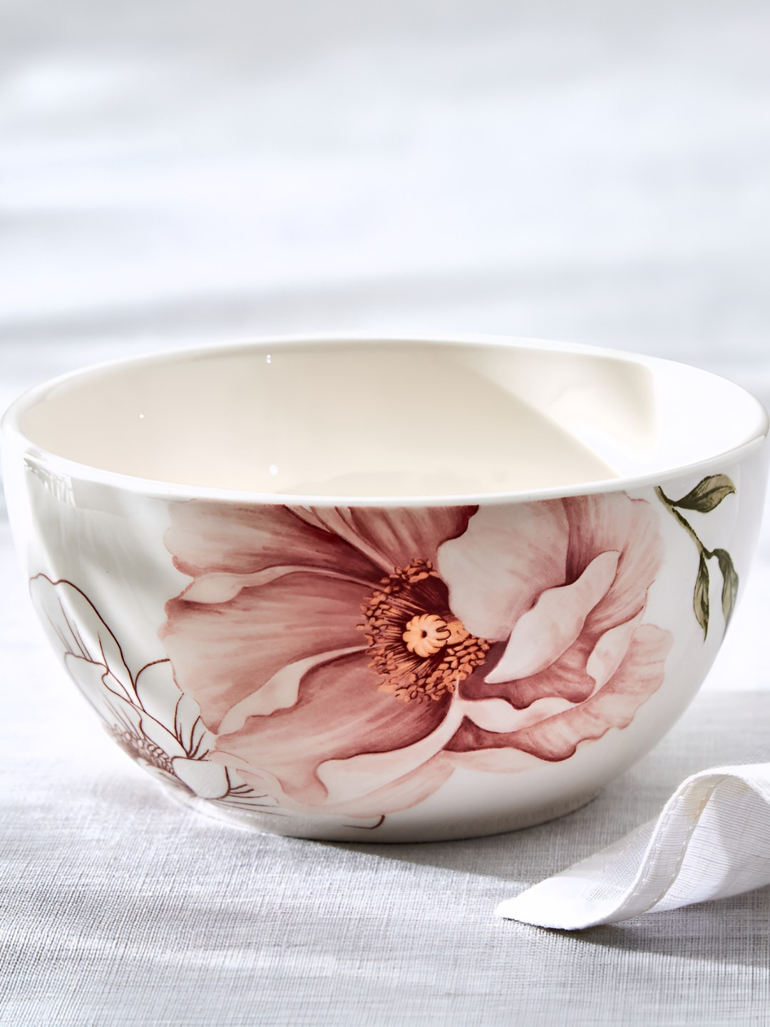 Home Centre Alora Blush Serenity White & Pink Printed Stoneware Dip Bowl 750ml