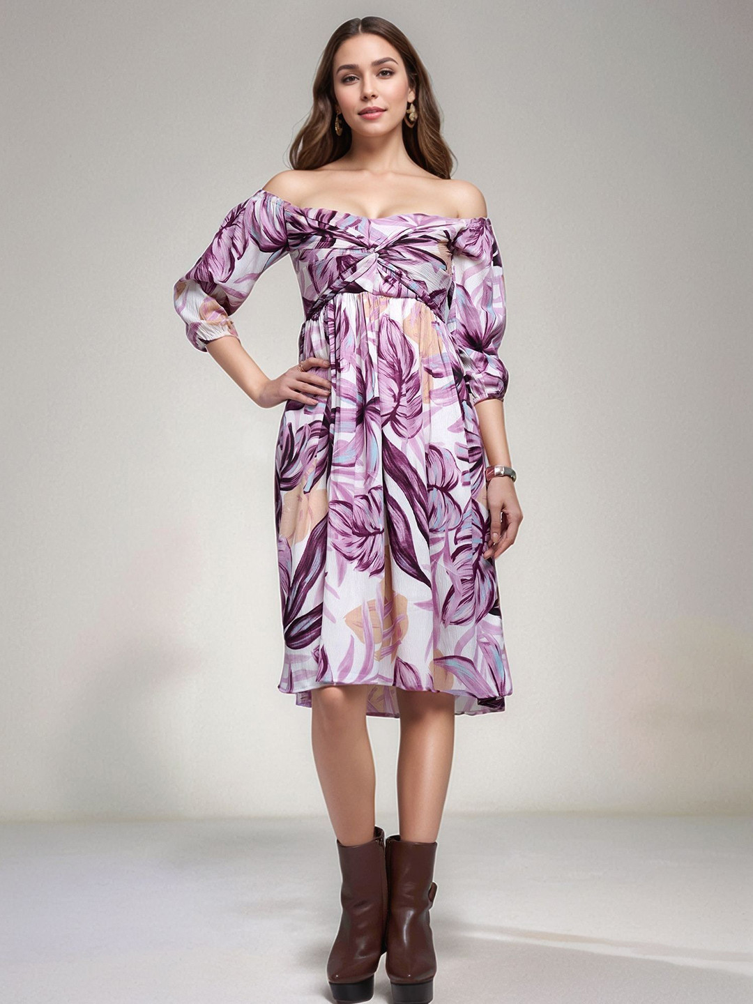 DressBerry Women Square Neck Floral Print Empire Dress