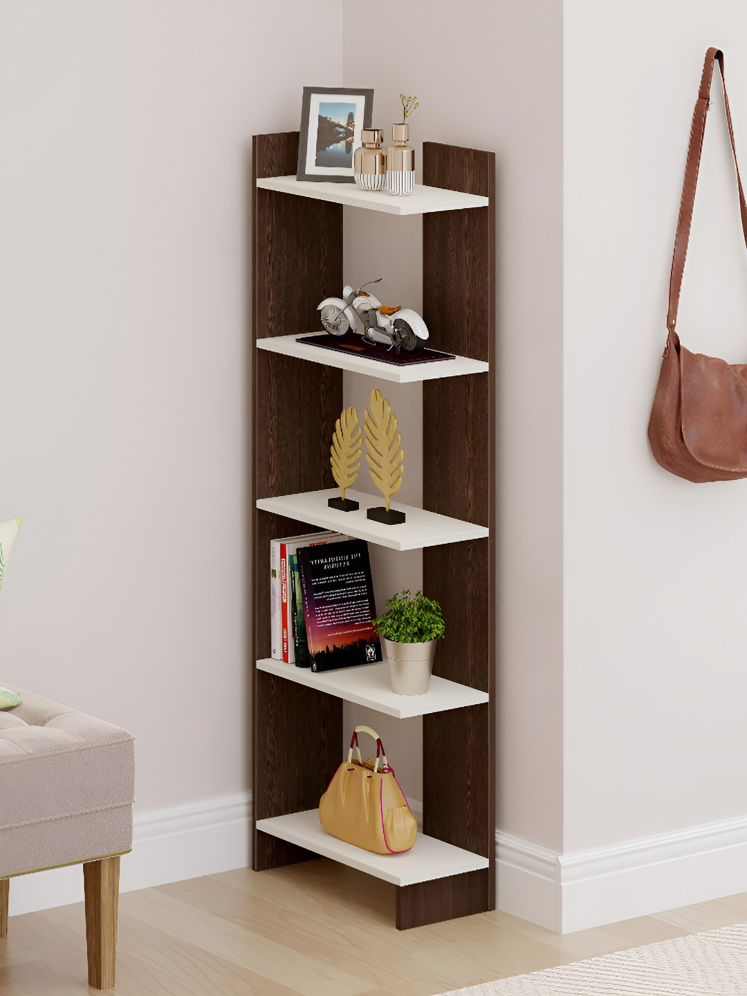bluewud Lagoon Brown & White 5 Tier Corner Stand Shelf