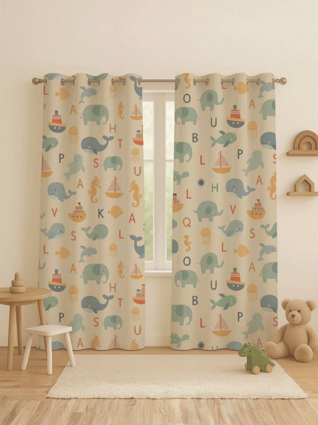 STITCHNEST Set of 2 Cream & Blue Cartoon Print 5 feet Curtain