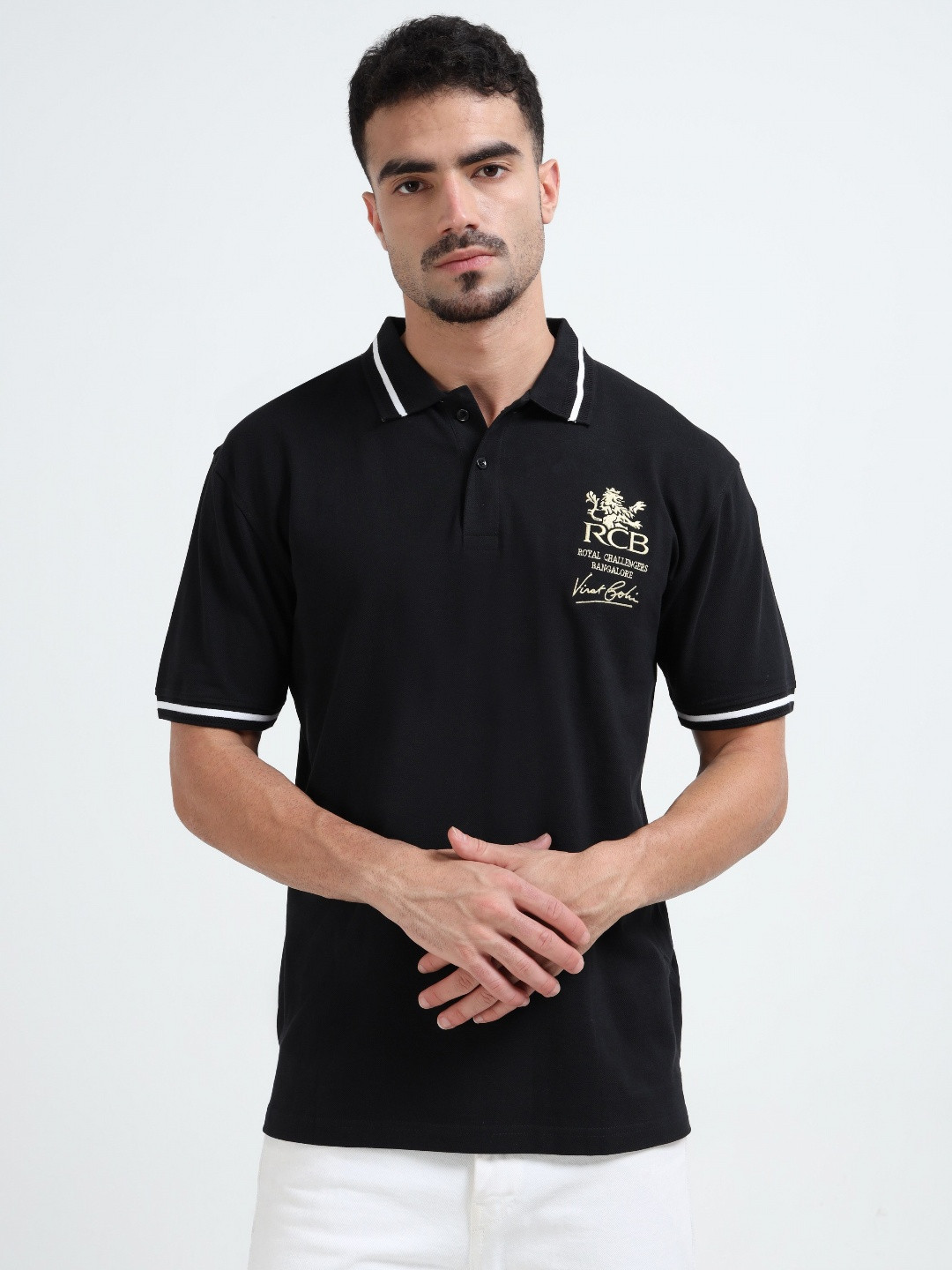 RHINO CULT Typography Embroidered Polo Collar Cotton T-Shirt