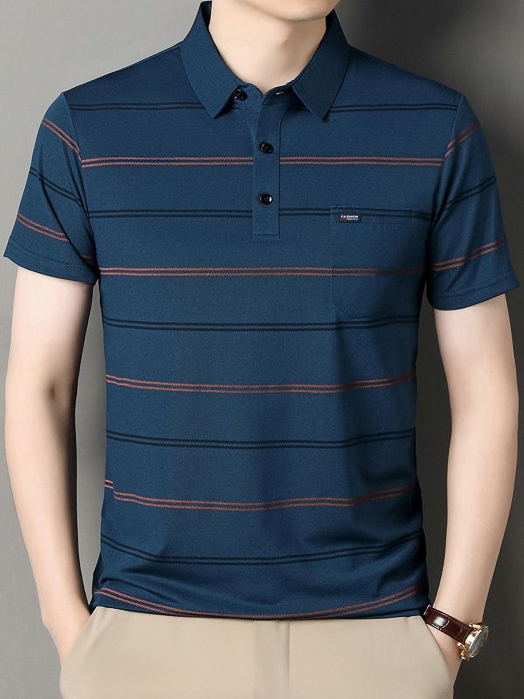 StyleCast x Revolte Striped Printed Polo Collar Regular Fit T-shirt