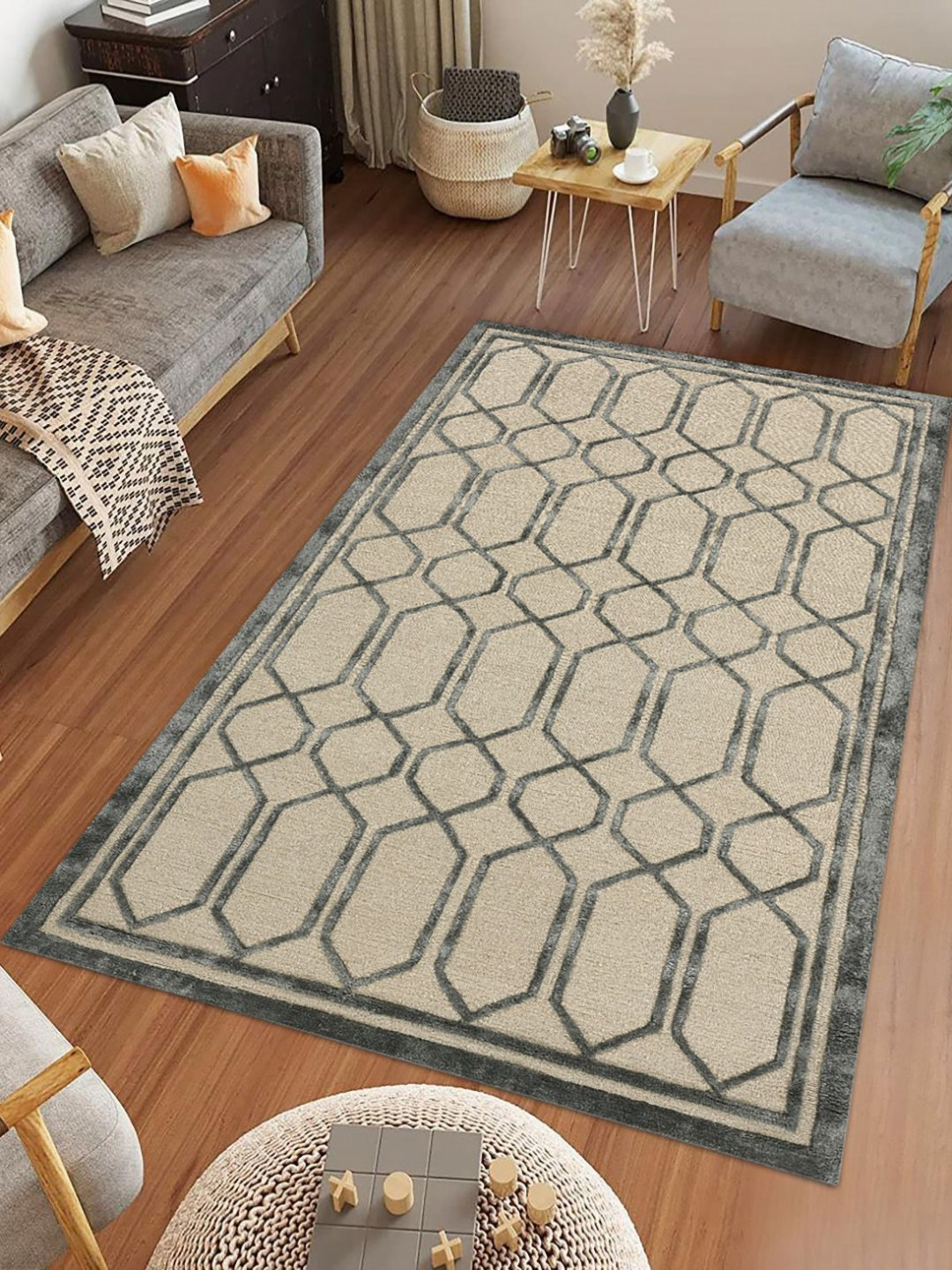 saraswatii global Lineation Beige & Grey Geometric Printed Tufted Woollen Carpet