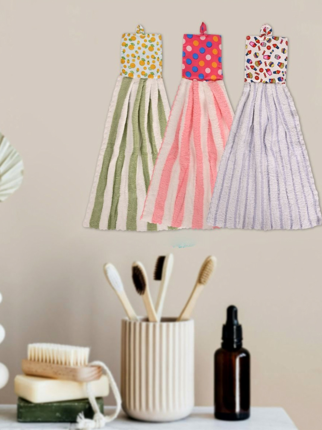 LOOM LEGACY 3Pcs Green & Pink Striped Microfibre Hanging Kitchen Towels