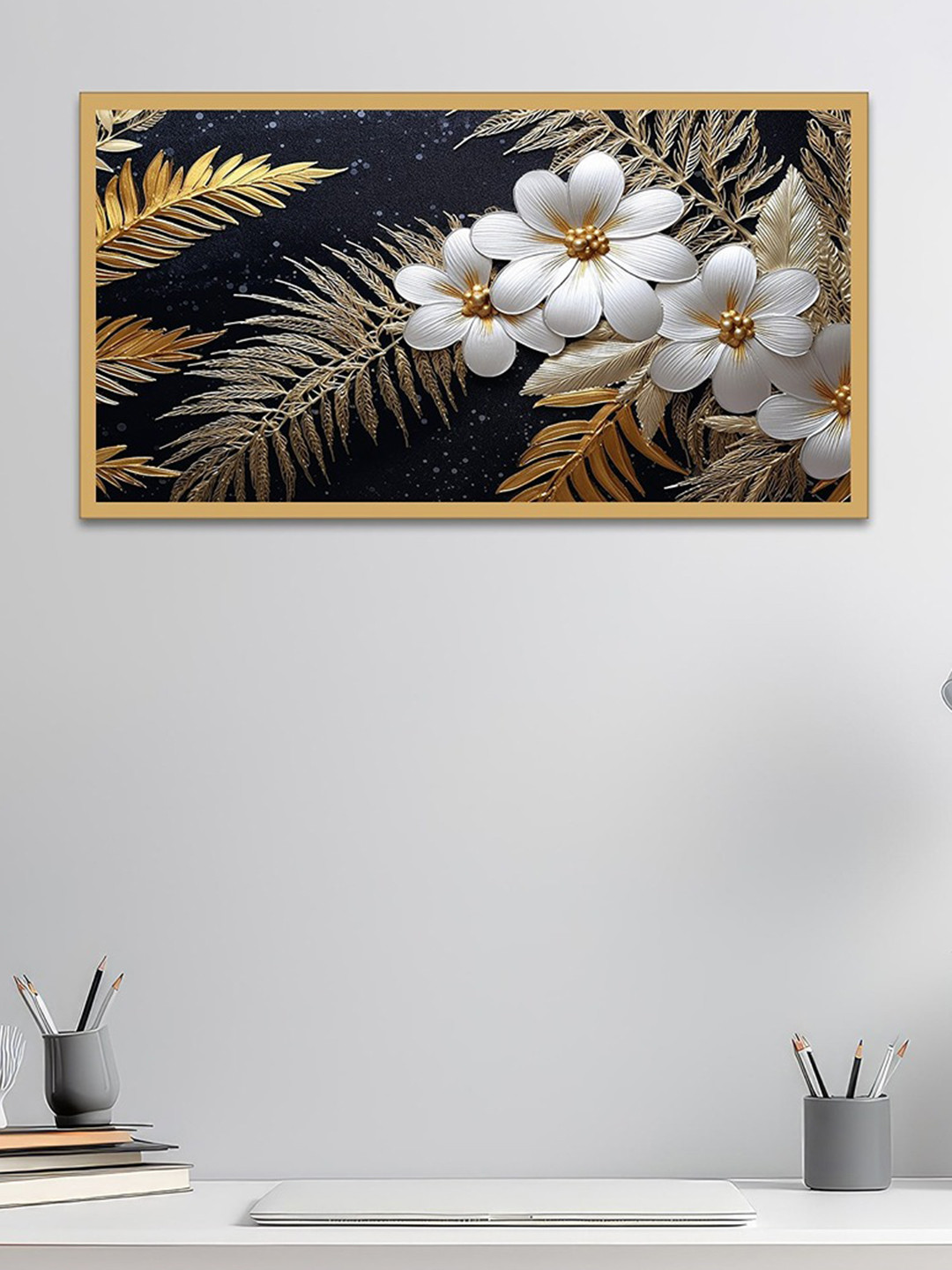 DEKORSTATION White & Black 1 Piece Canvas Floral and Botanical Wall Paintings