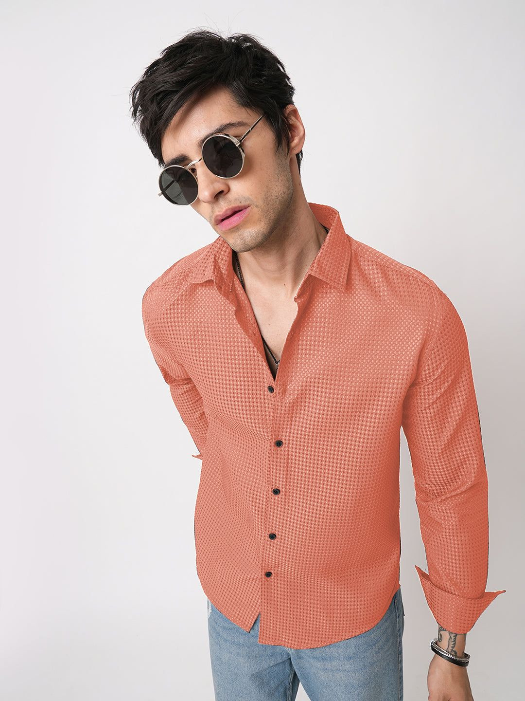 INDICLUB Regular Fit Textured Spread Collar Casual Shirt