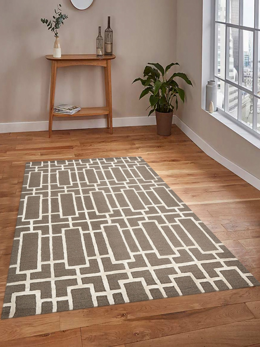 saraswatii global Lineation Brown & White Geometric Printed Tufted Woollen Carpet