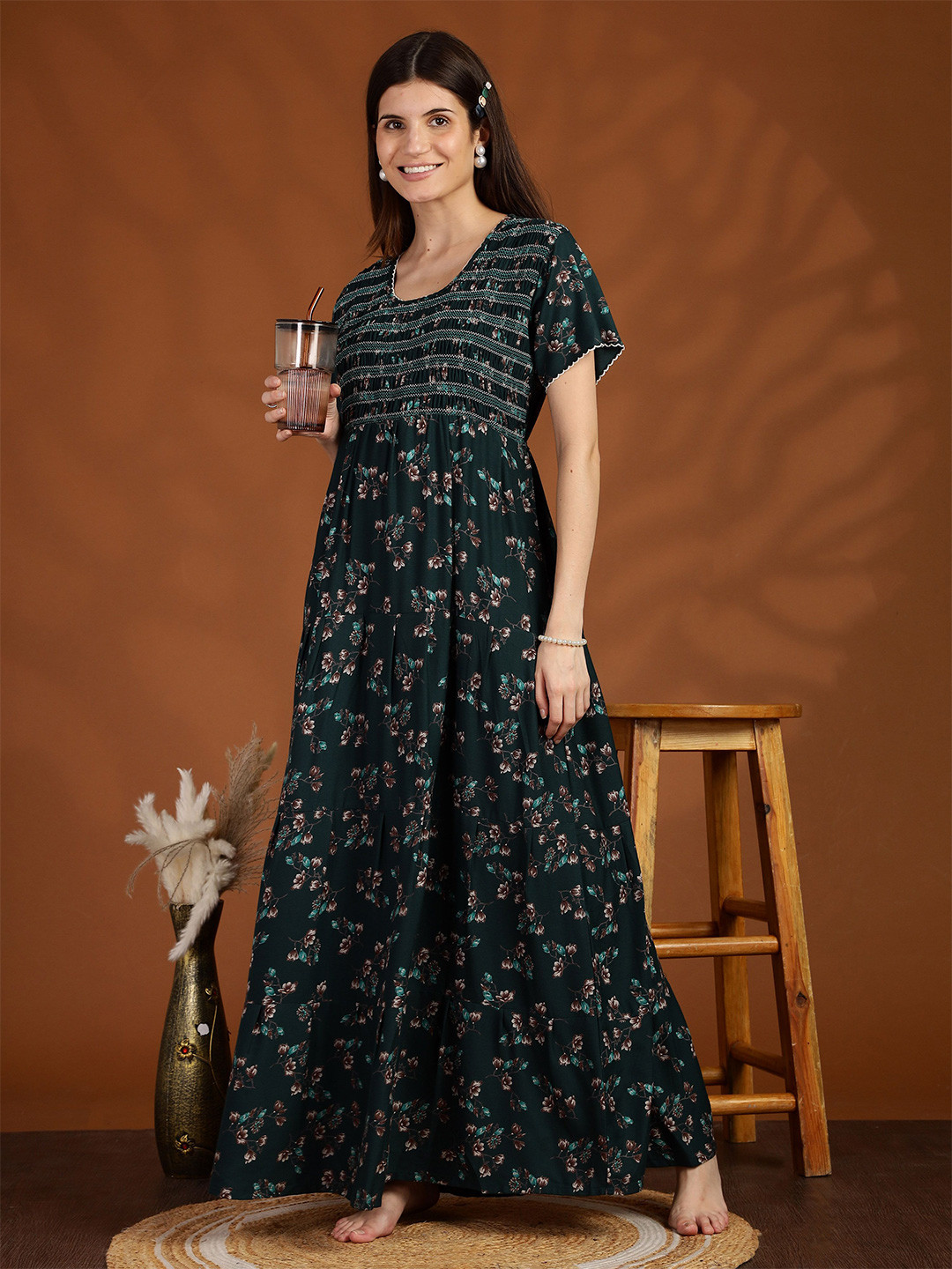 9shines Label Women Dark Green Floral Smokey Floral Ghera Nightdress