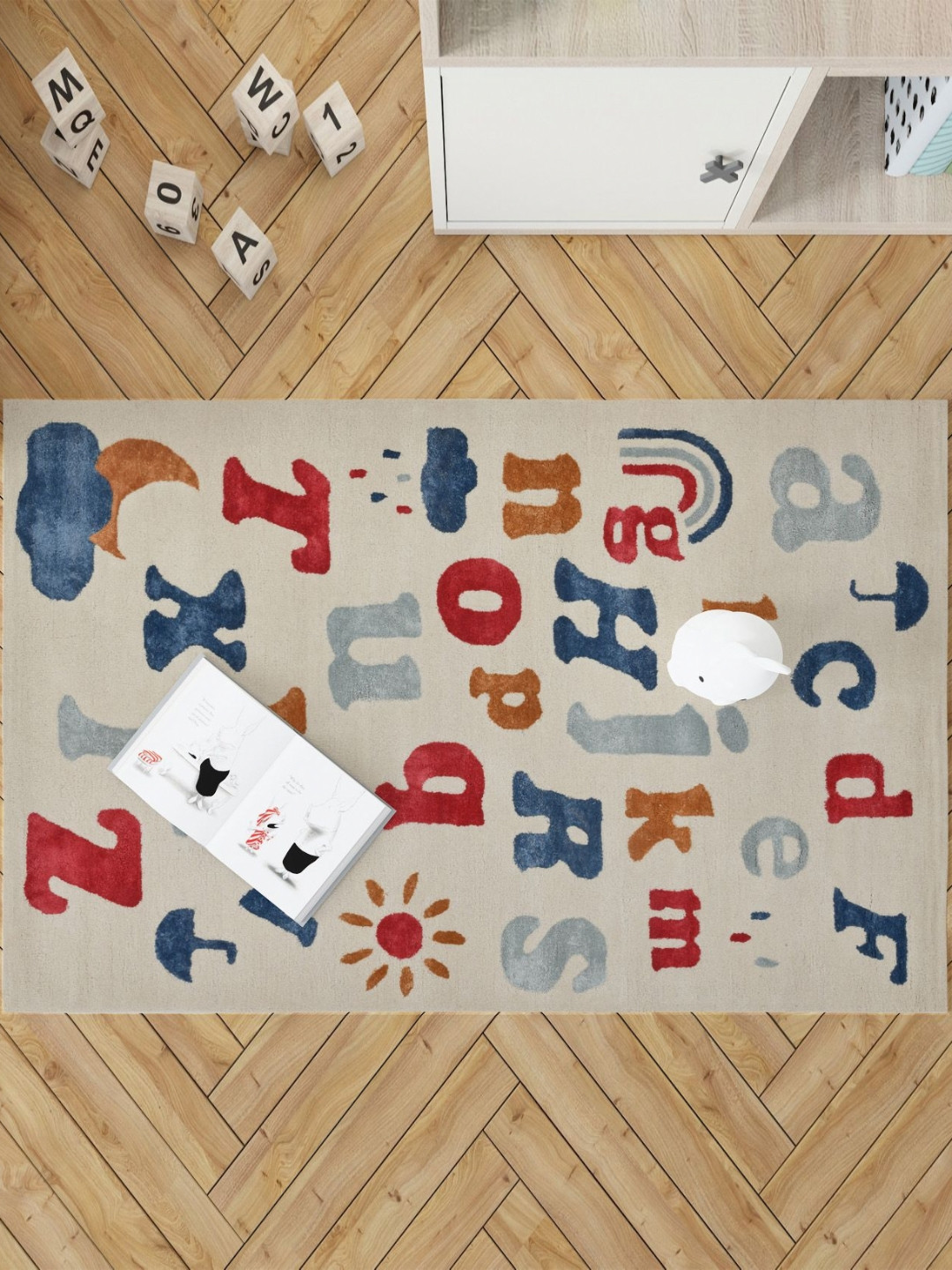 saraswatii global Little Cream-Coloured & Blue Printed Tufted Woollen Carpet