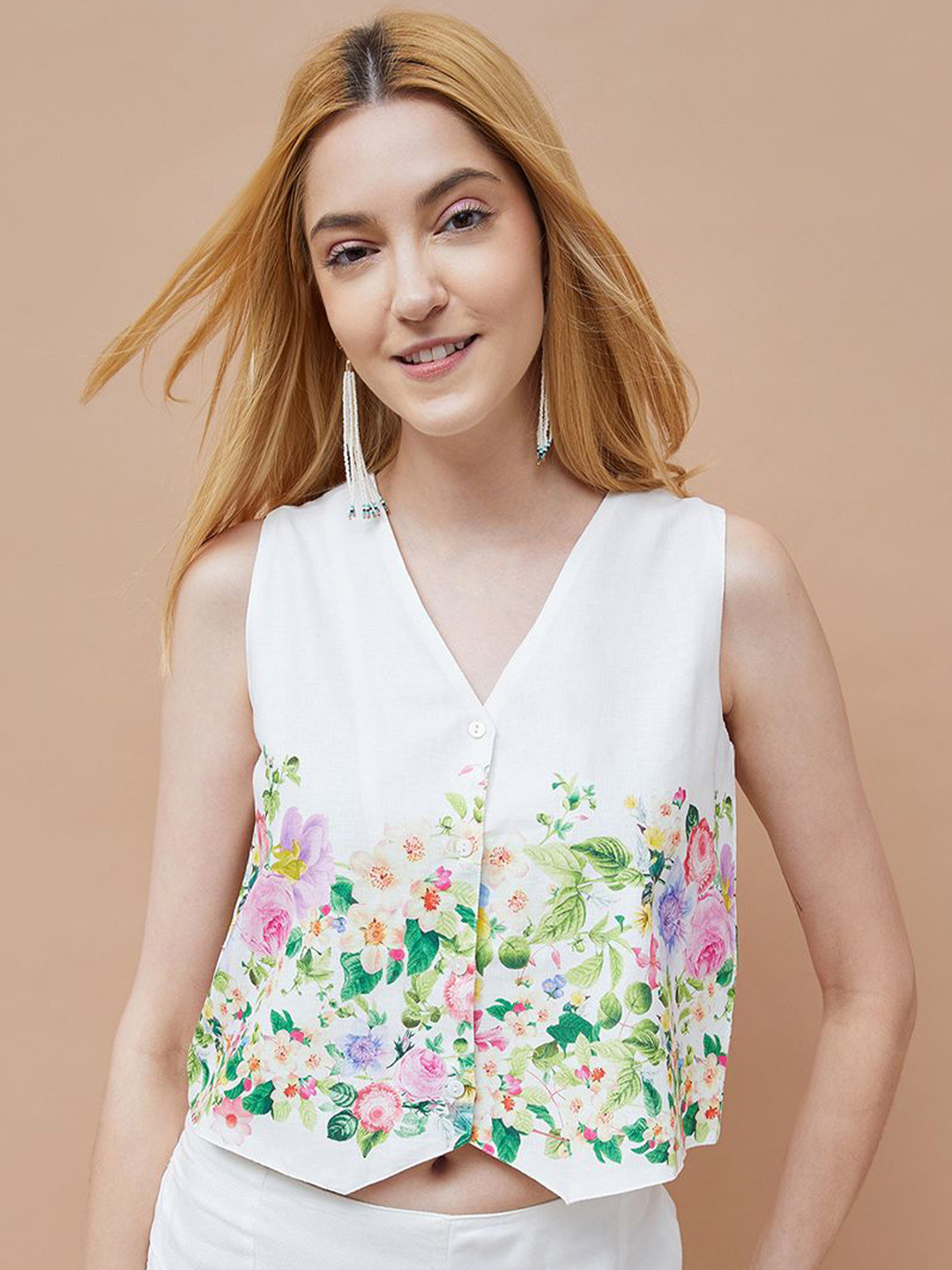 Colour Me by Melange Women Floral Printed Shirt Style Crop Top