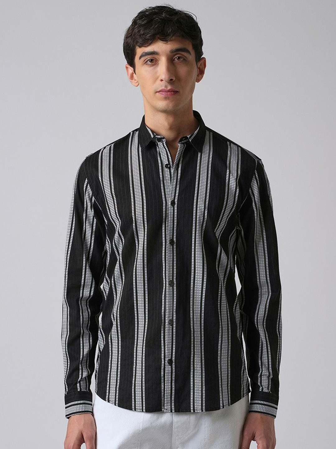 Banana Club Black Vertical Stripe Cotton/Linen Shirt