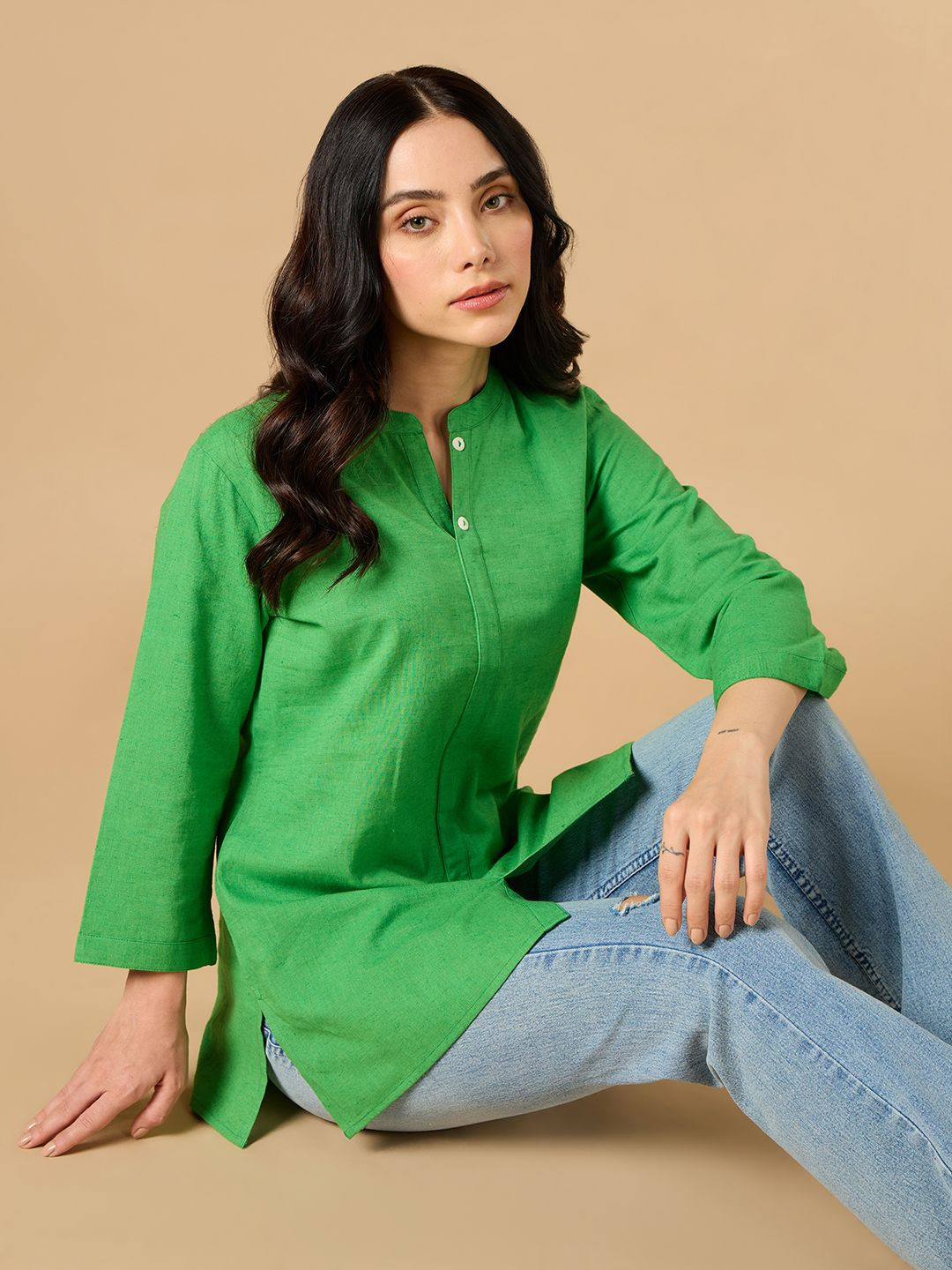 COTTONS DAILY Women Green Solid Mandarin Collar Cotton Linen Kurta