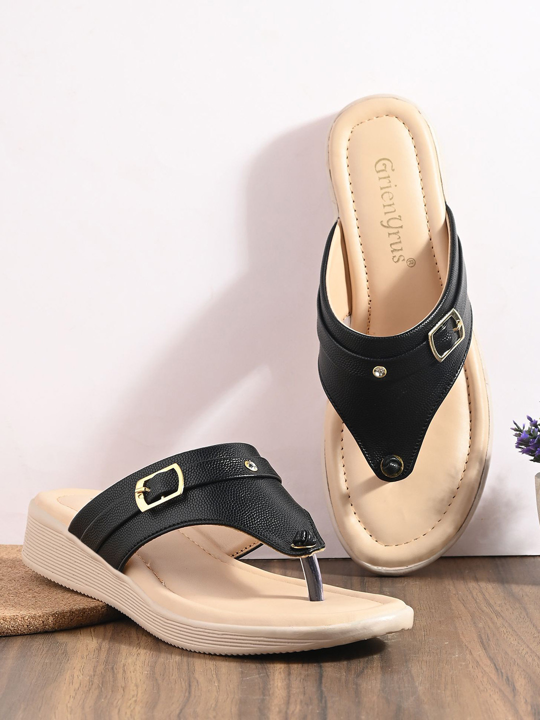 GrienYrus Women Slip On T-Strap Flats With Buckle Detail