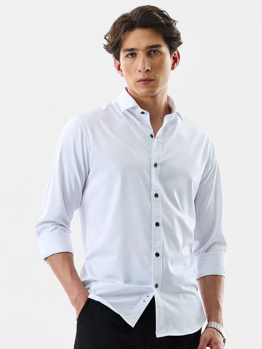 Snitch Roll-Up Sleeves Slim Fit Casual Shirt