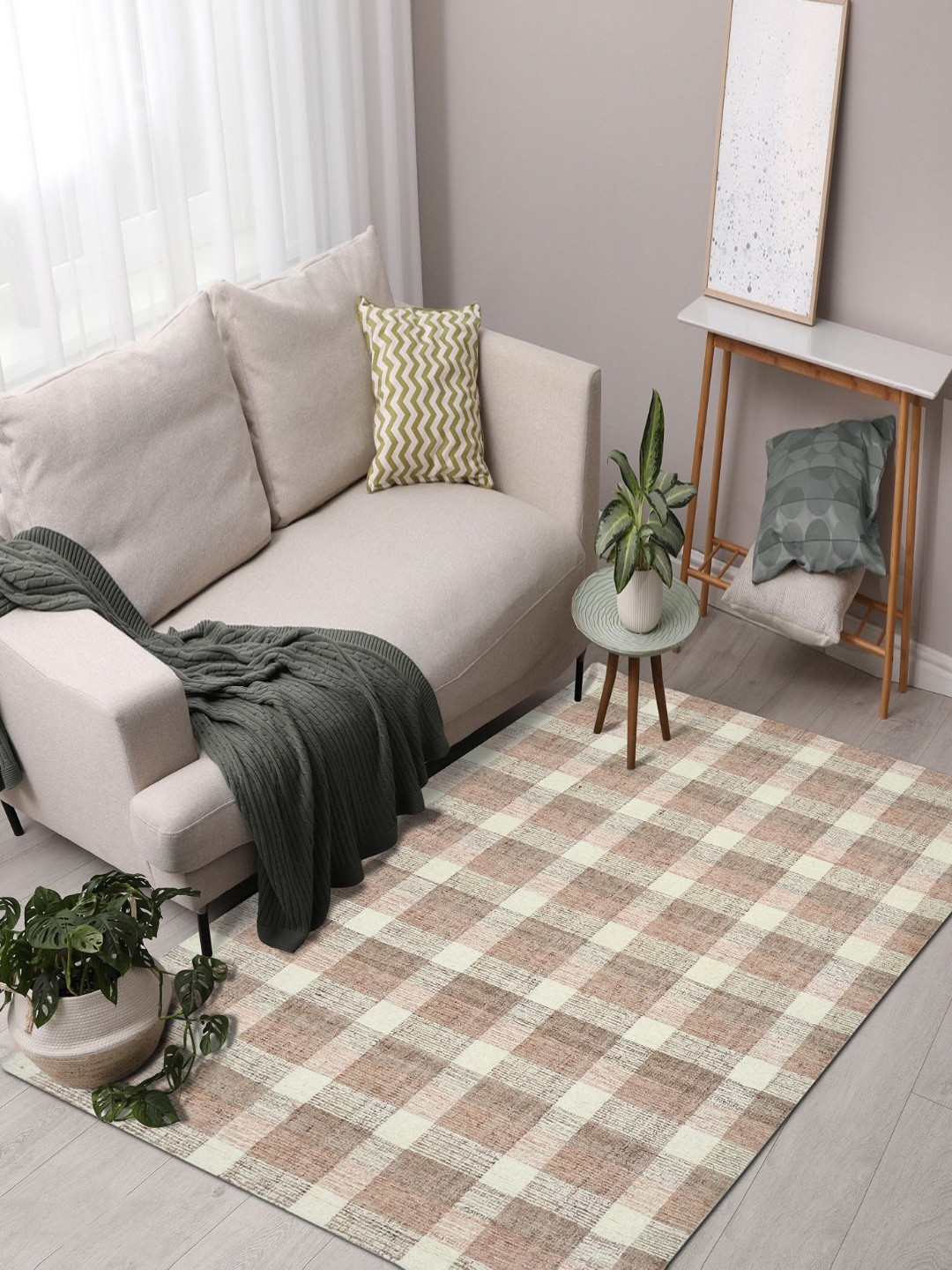 saraswatii global Tartan Plaid Rose Gold & Beige Geometric Printed Tufted Woollen Carpet