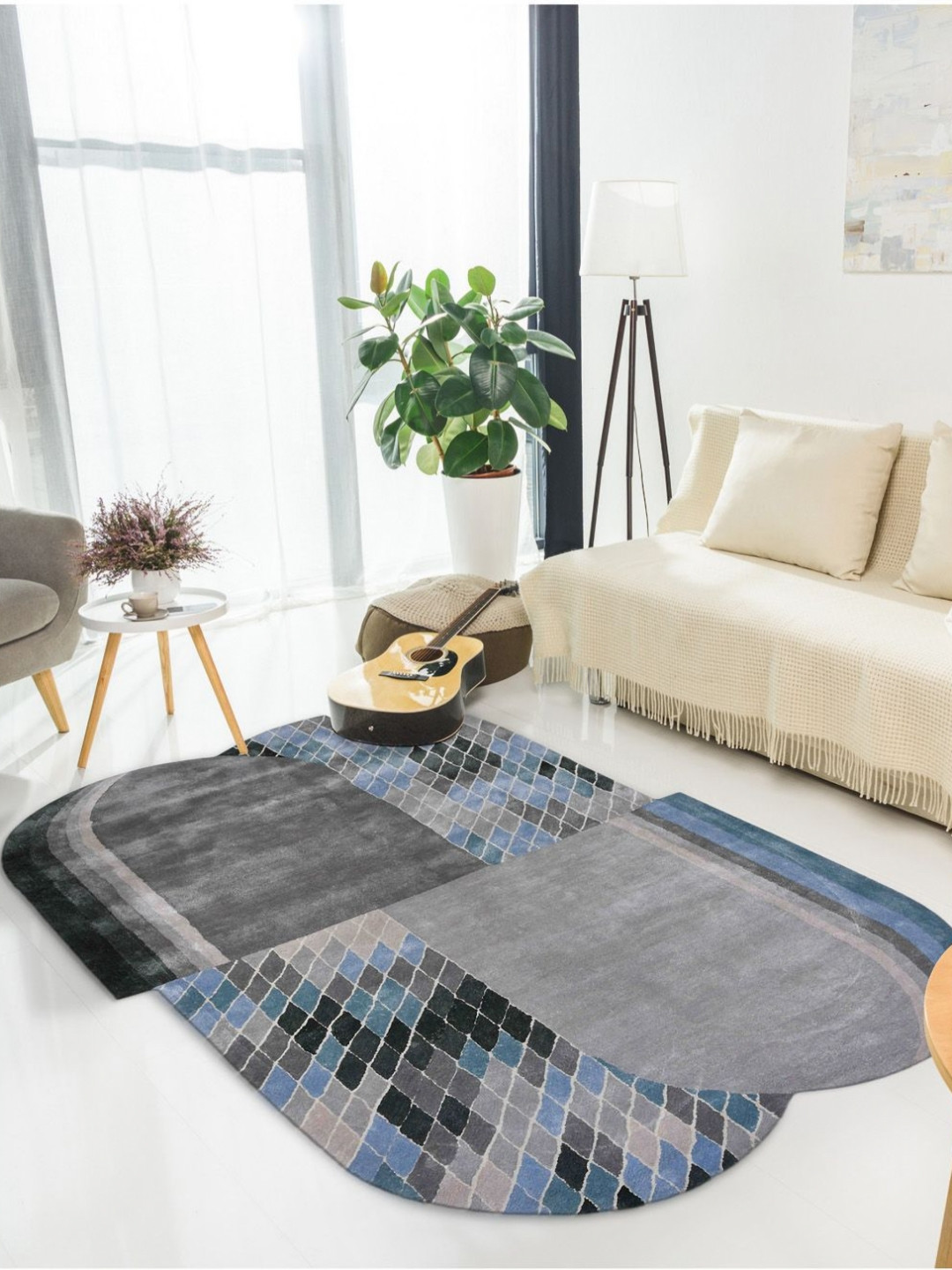 saraswatii global Put In Palace Grey & Blue Printed Tufted Woollen Carpet