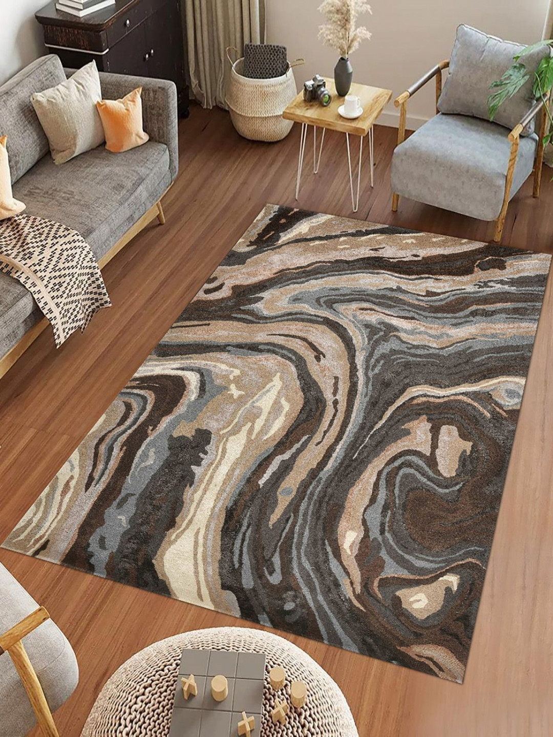 saraswatii global Cubism Brown Abstract Hand-Tufted Woollen Carpet