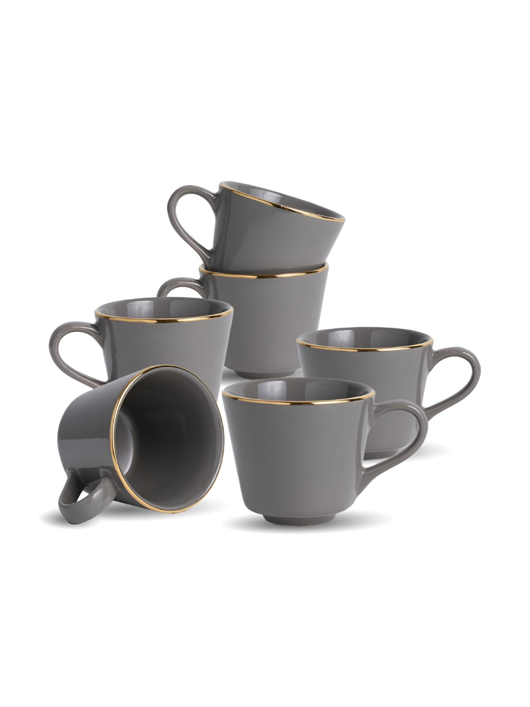 SHAY Grey & Gold Toned 6 Pieces Glossy Ceramic Cups And Saucers 180ml Each