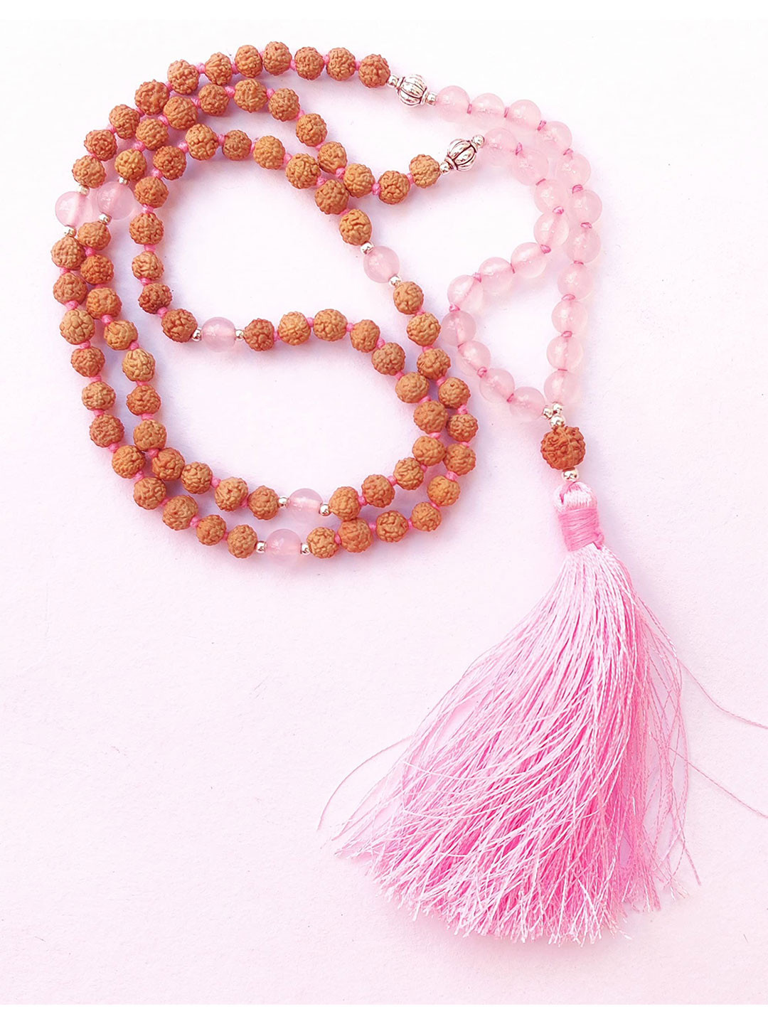 Apnisanskriti Unisex 5 Mukhi Rudraksha Light Pink Agate Stone Designer Mala