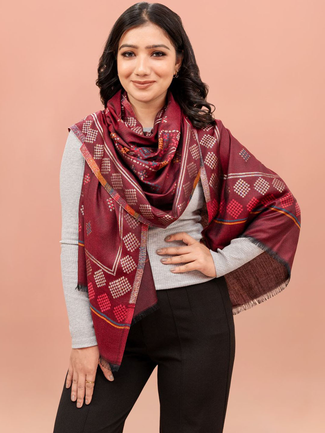Kala Maison Women Chevron Fine Wool Modal Woven Design Shawl