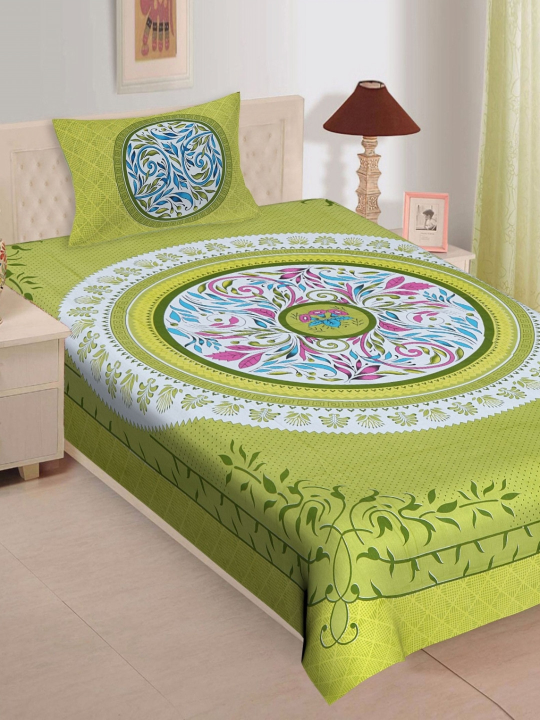 POORAK Loroco Jaipuri Green Ethnic Motifs Cotton Breathable 104 TC Single Coarse Bedsheet with a Pillow Cover-160.1 x 90 inches