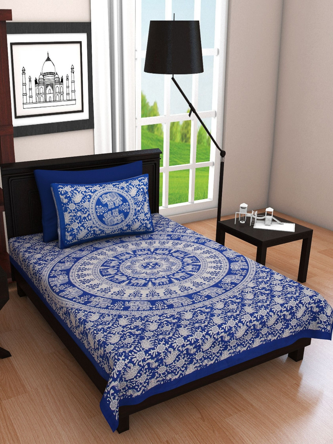 POORAK Blue & White Ethnic Motifs 104 TC Single Cotton Bedsheet Set 2.74 m x 2.74 m