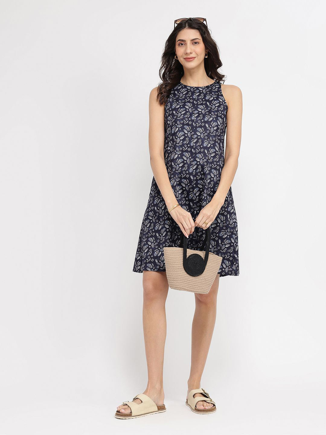 FableStreet Women Navy Blue Cotton Paisley Print Dress