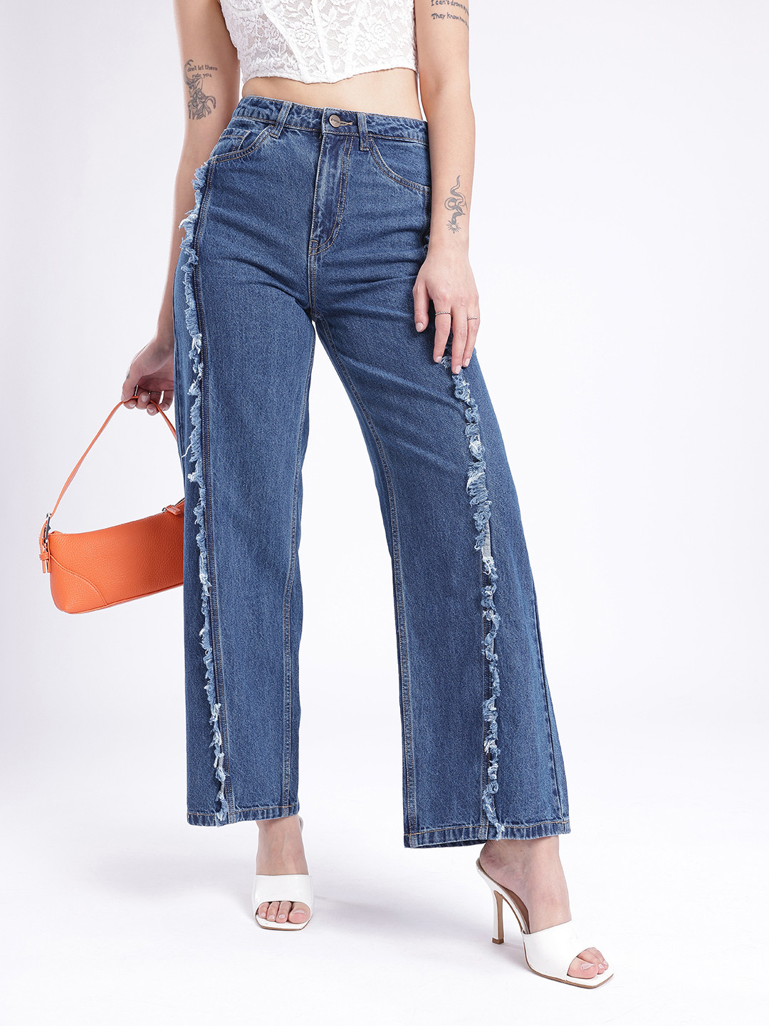glitchez Women Baggy Wide Leg Frayed Detail Paneling High-Rise Jeans