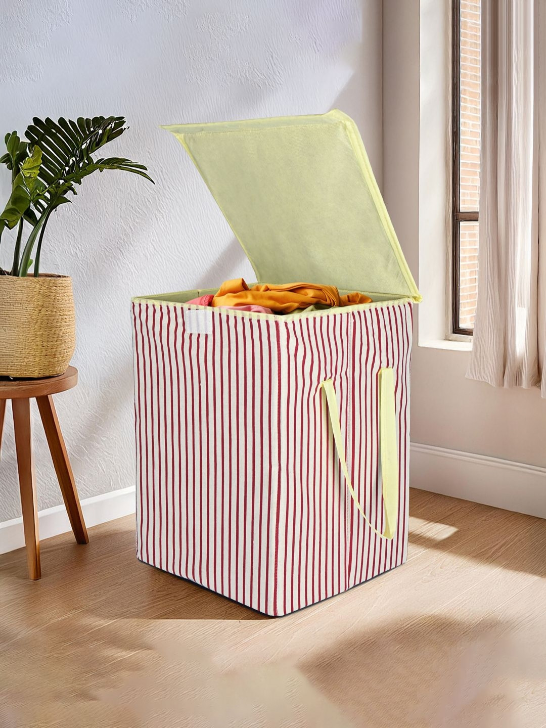Aura White & Maroon Striped Foldable Laundry Bag With Lid 75 L
