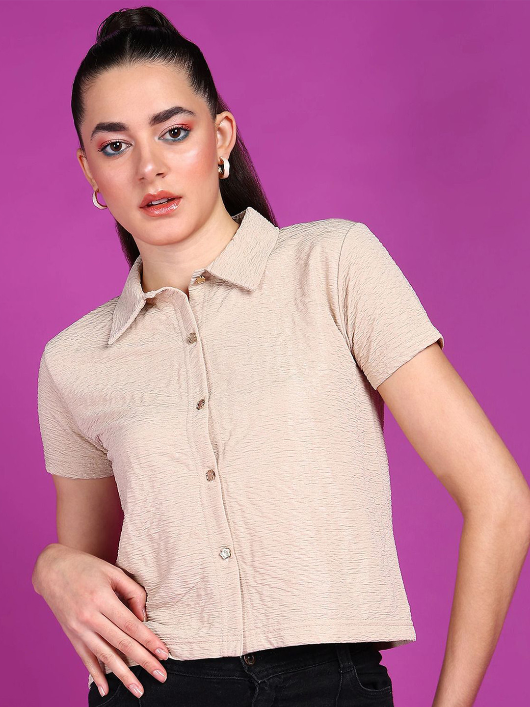 Popwings Smart Self Design Spread Collar Casual Shirt