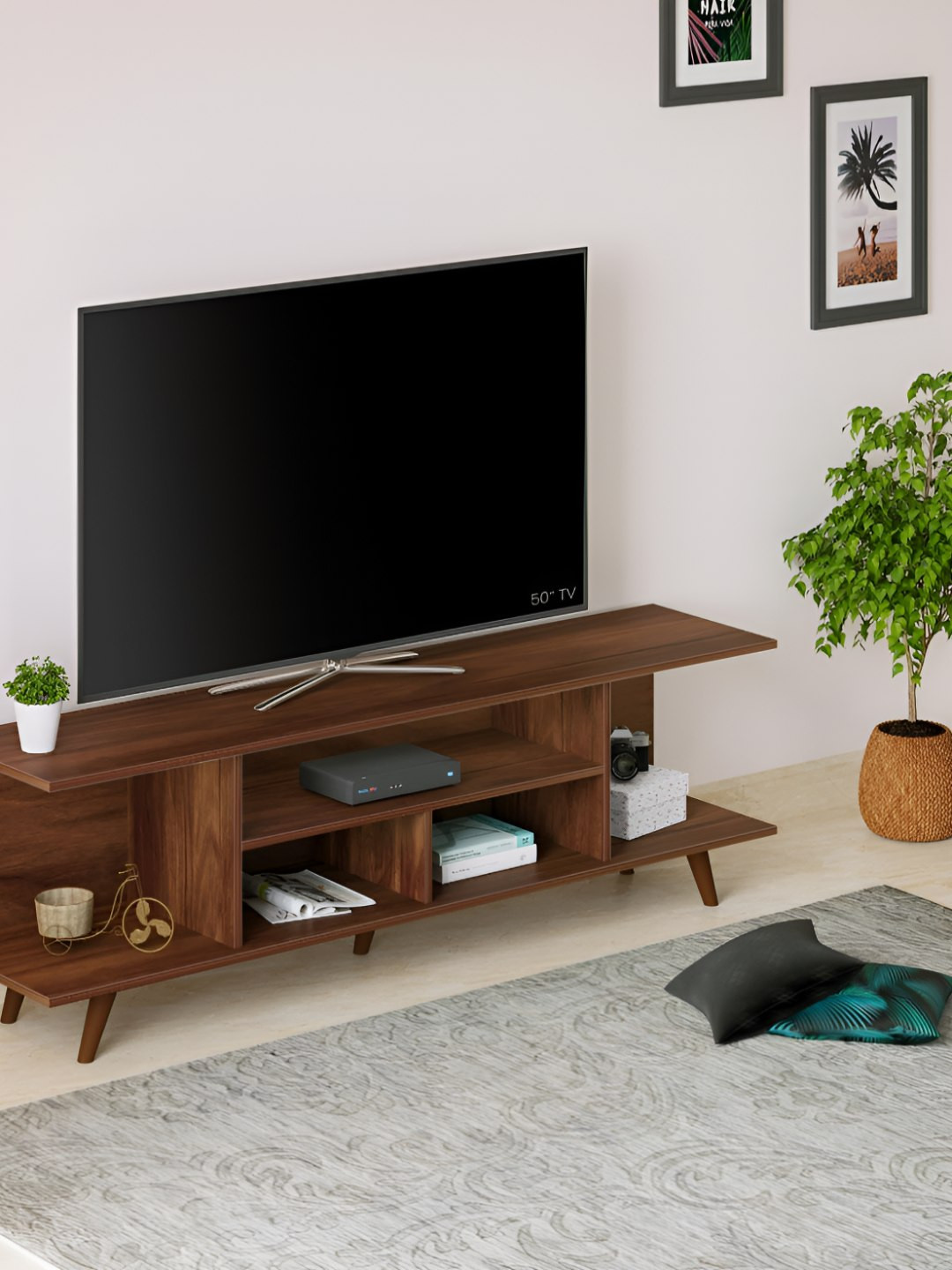 bluewud Anatdol Brown Wooden TV Entertainment Unit With Shelves