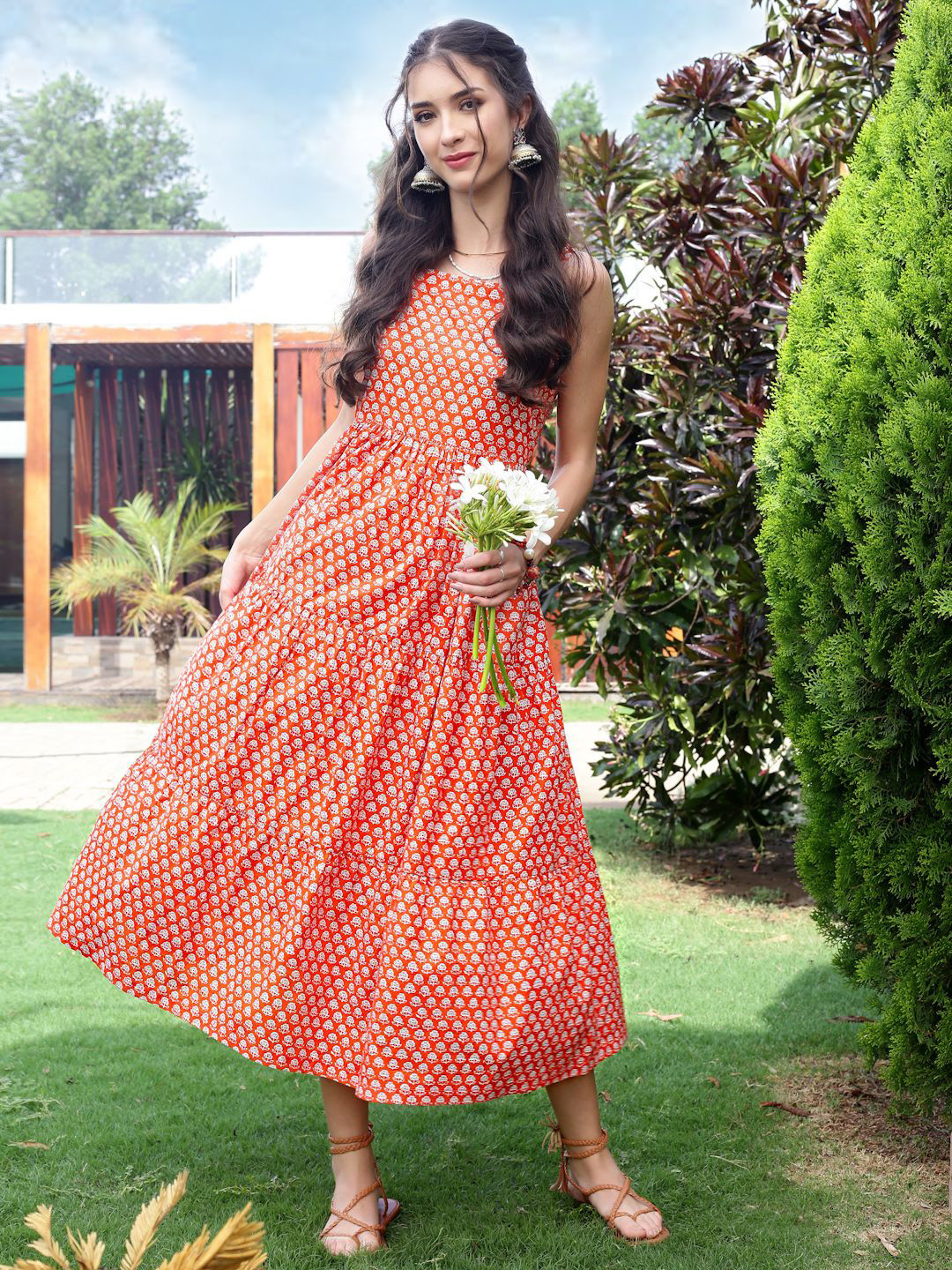 Sera Boho Orange Breezy & Bloomin Midi Dress
