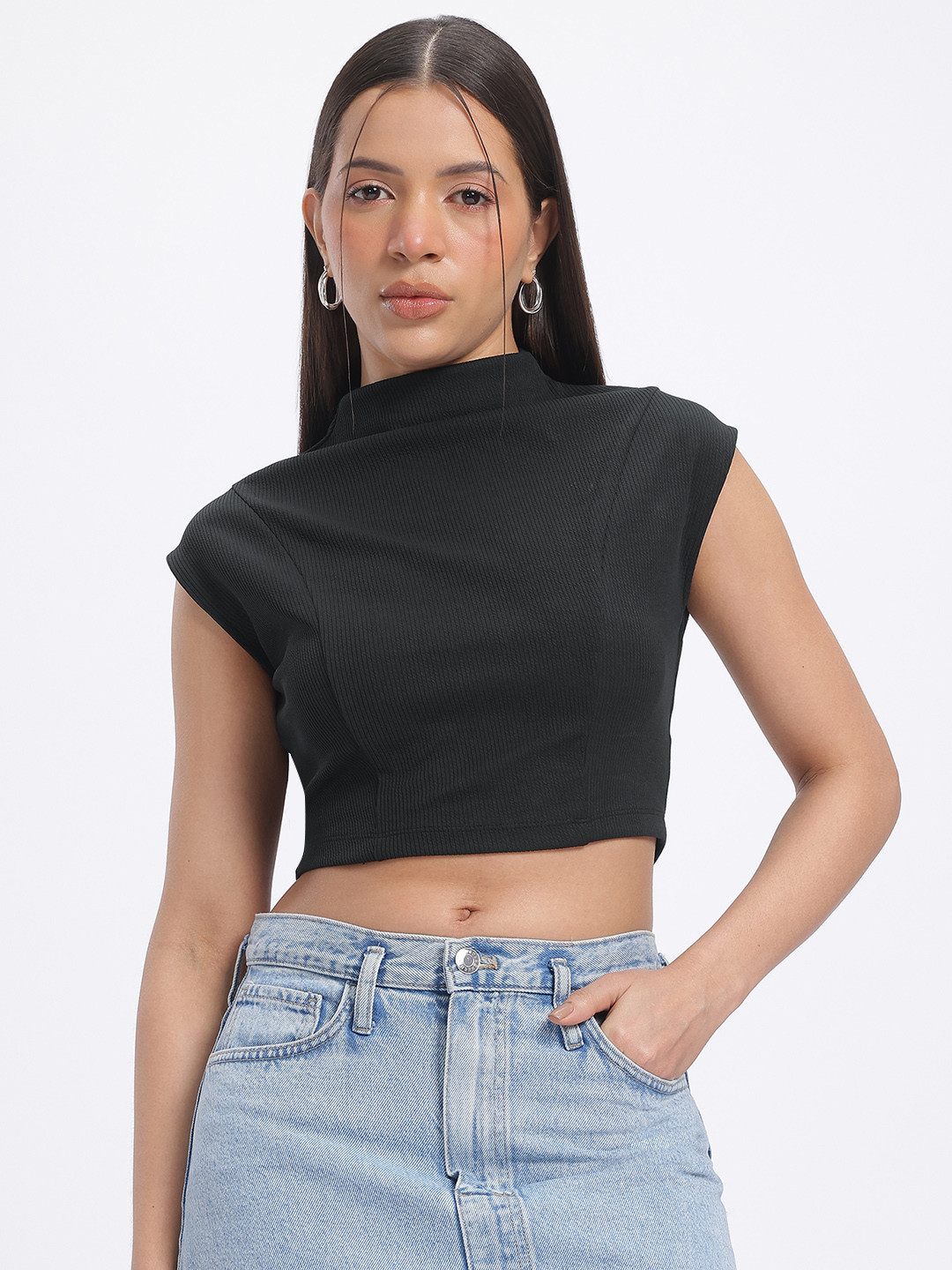 Aesthetically Ribbed High Neck Crop Top
