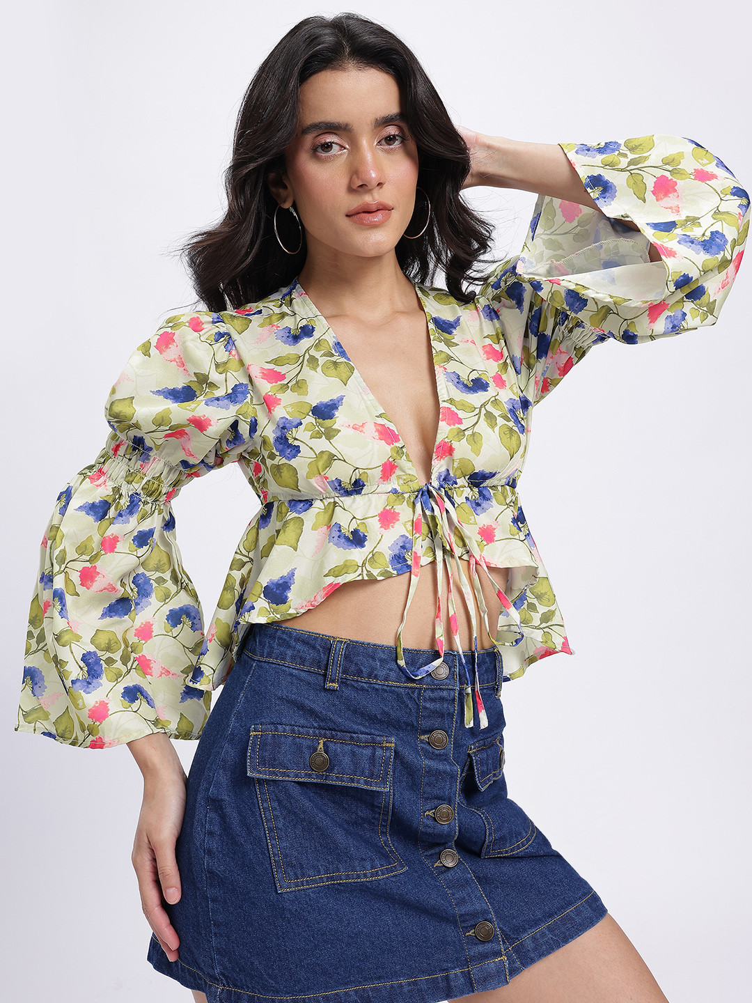 glitchez Floral Print Bell Sleeves Crop Front-Open Asymmetric Hem Top