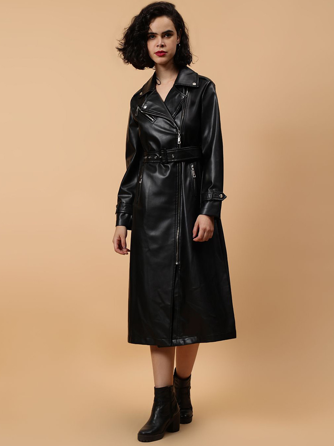 Fashion Gaiia Leather Notched Lapel Collar Single Breasted Zipper Coat