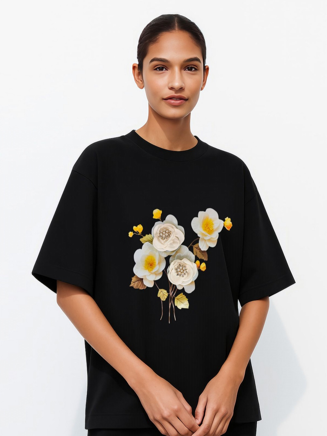 GRACE & JACK Women Black Golden Bloom 3D Flowers & Pearls T-shirt