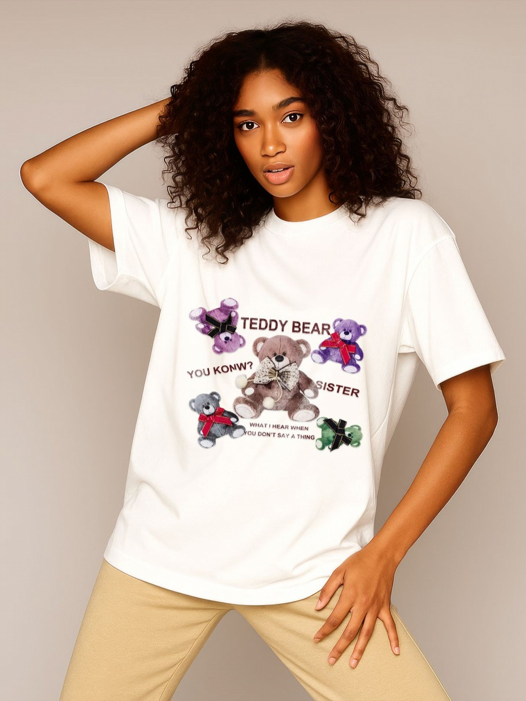 GRACE & JACK Women White Teddy Bear Sister 3D Bow T-shirt