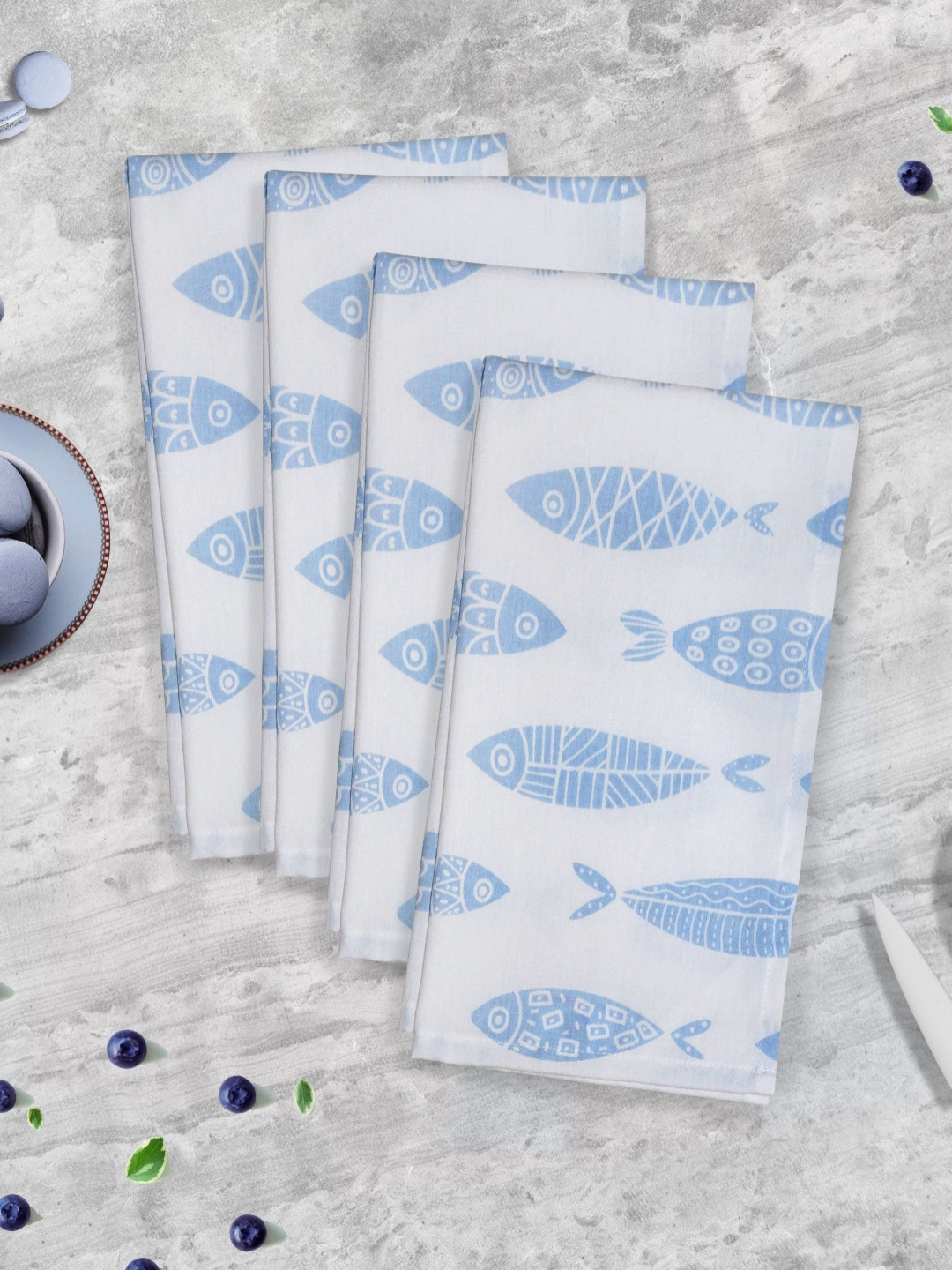 HOME COLORS.IN 4Pcs Blue & White Printed Cotton Kitchen Towels
