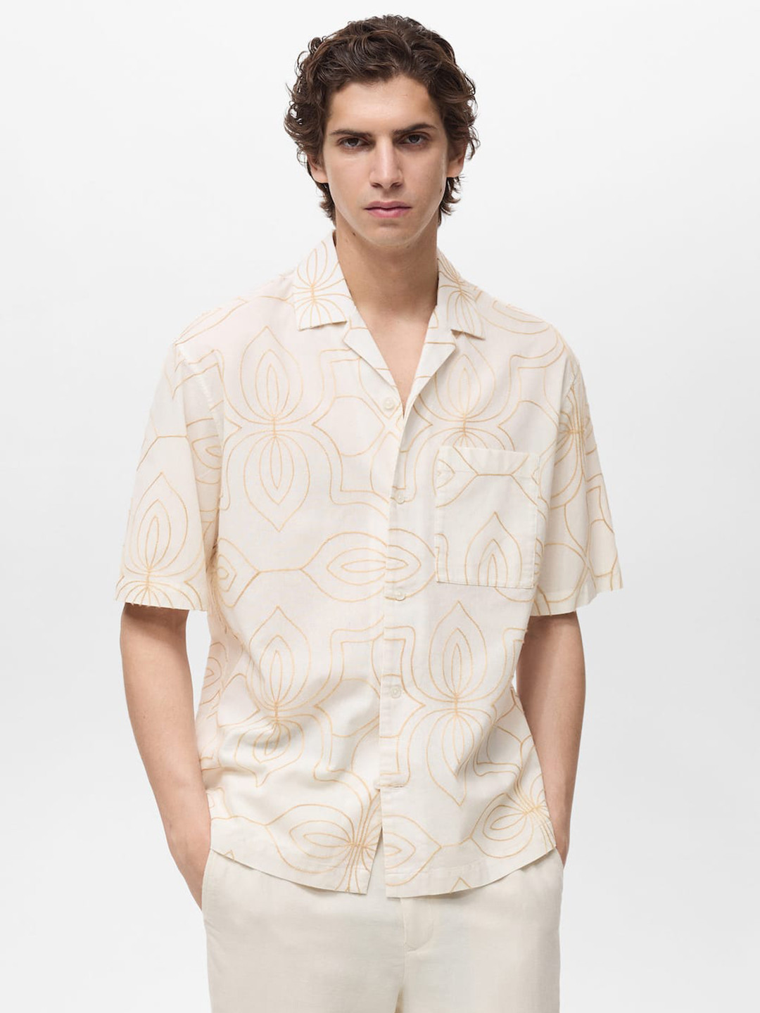 MANGO MAN Embroidered Cuban Collar Cotton Shirt