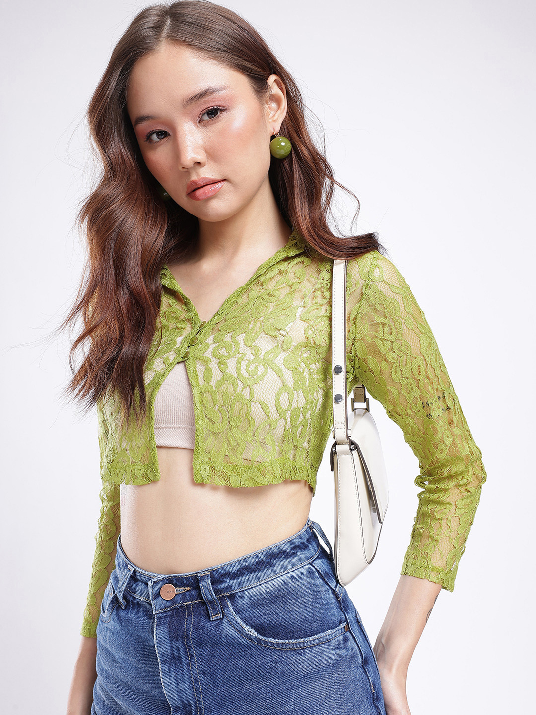 glitchez Shirt Style Sheer Lace Crop Top